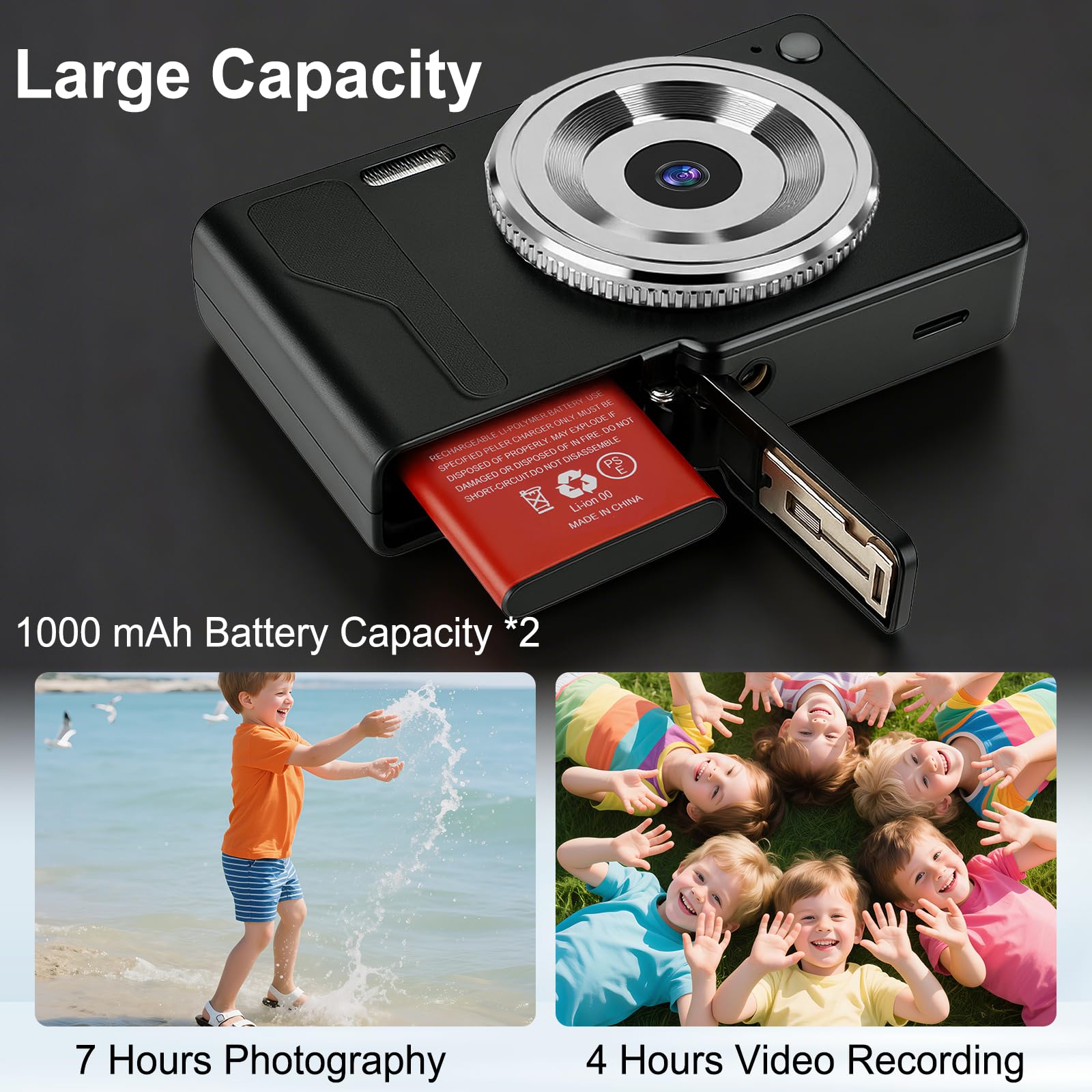 Cámara Digital 56MP 1080P FHD con Autofoco, Zoom Digital 16X, Pantalla LCD 2.8", Tarjeta SD 32GB y 2 Baterías - Cámara Compacta Portátil para Niños, y Principiantes (Negro-1.)