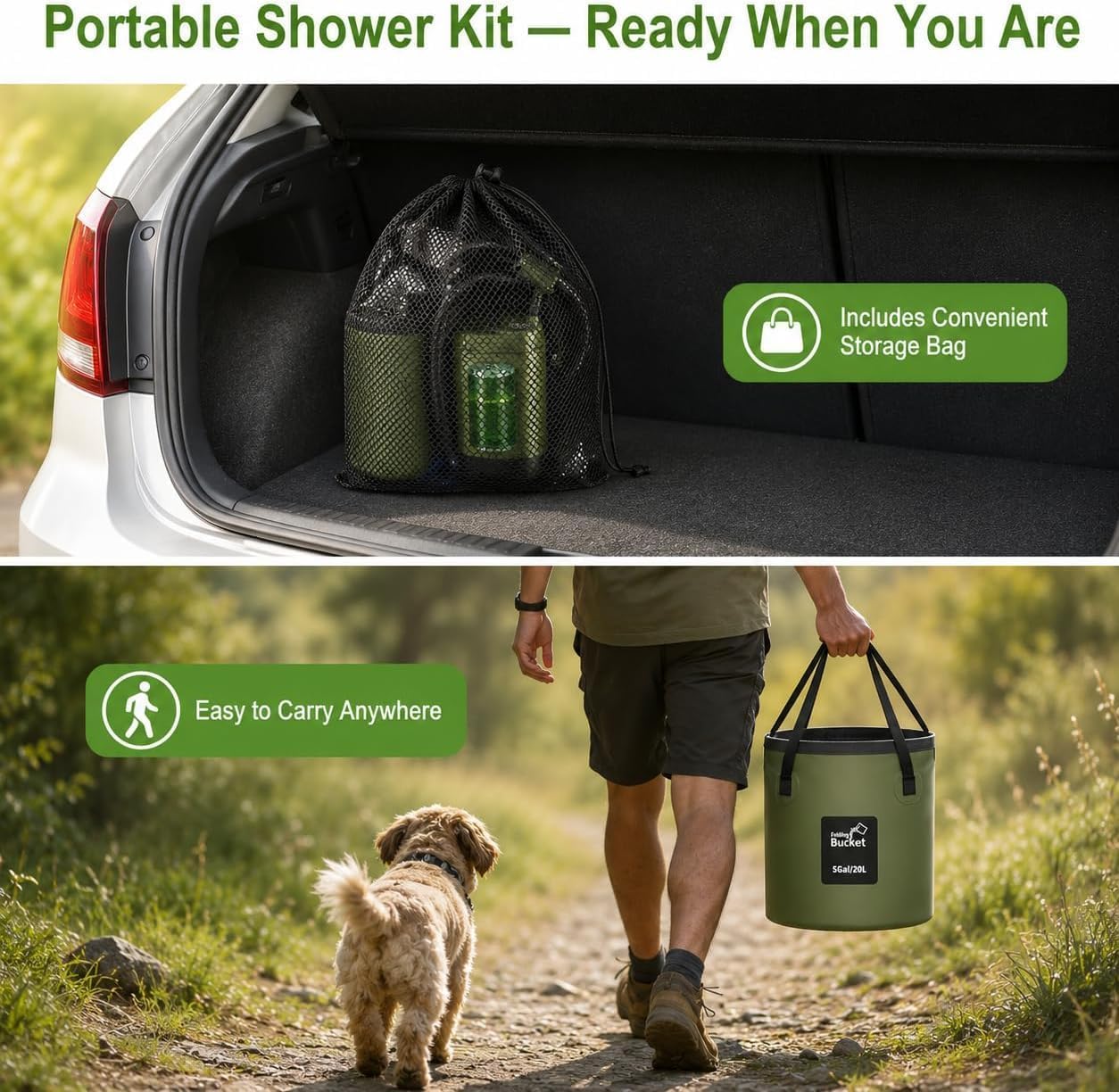 Romicta Douche de camping portable avec batterie rechargeable 6000 mAh et affichage LED – Seau pliable 4 modes de pulvérisation Pompe étanche IPX7 Idéal pour la randonnée, les voyages, la conduite