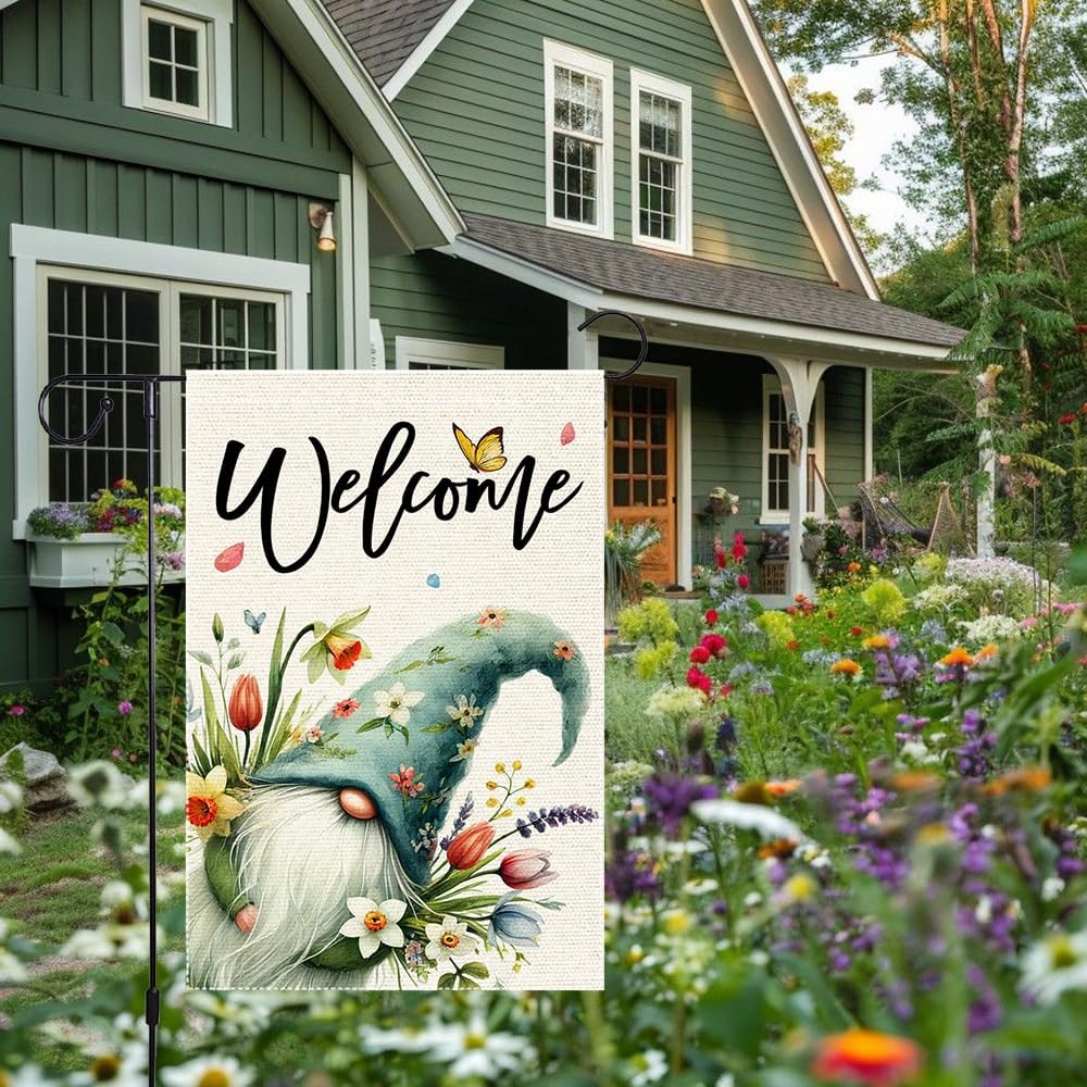 Welcome Spring Summer Tulip Garden Flag Flowers Butterfly Garden Flags 12x18 Inch Burlap Double Sided Gnome Colorful Floral Small Lawn Yard Outside Rustic Farmhouse Holiday Decorations Flags - Image 8