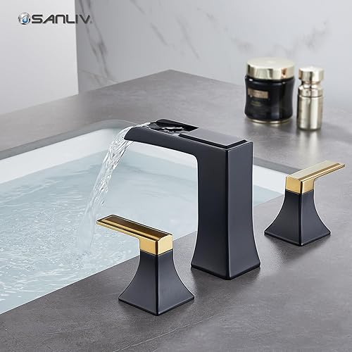 Miniatura 5 de Grifo de baño generalizado de 3 agujeros, cascada negra y dorada, grifo de lavabo de baño central de 4 pulgadas con drenaje desplegable y líneas de