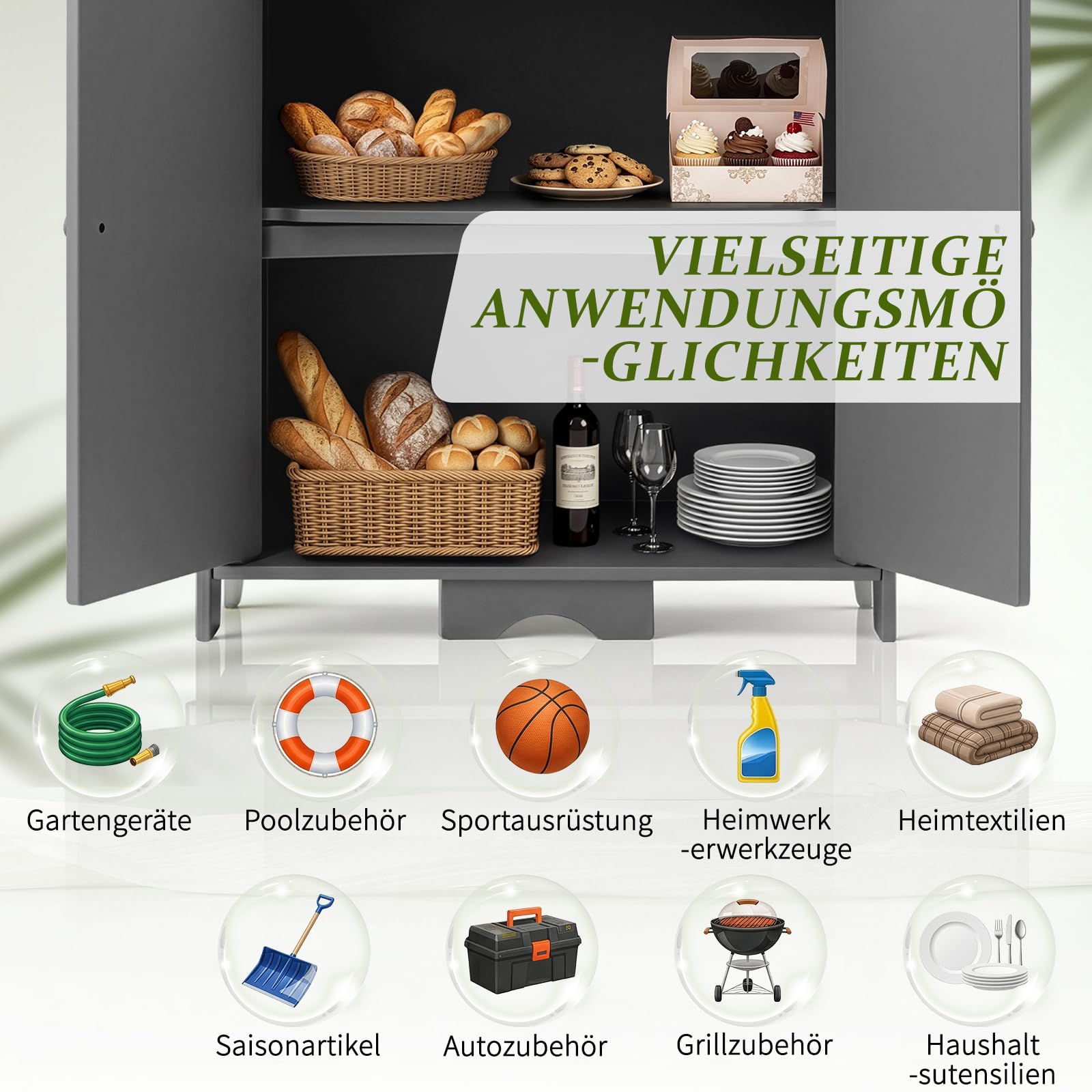 Gartenschrank wetterfest Outdoor, 69 x 43,5 x 73 cm, Hochwertiges PVC-Material, Leicht zu pflegen und zu reinigen, Geeignet für den Innen- und Außenbereich, Grau