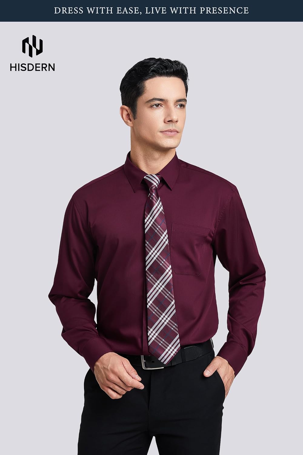 HISDERN Mens Dress Shirt with Tie Pocket Square Set Classic Button Down Shirt Matching Tie Long Sleeve Shirts image 5