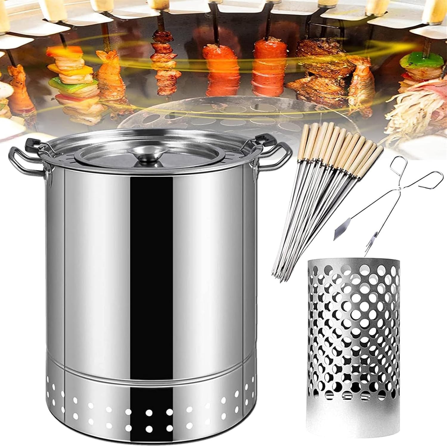 Barrel Grill Vertical Barbeque Hanging Stove Smoker Charcoal Barrel BBQ Grill Stainless Steel BBQ Grill Mesh Barrel Camp (Silver 30 * 30 * 41cm)