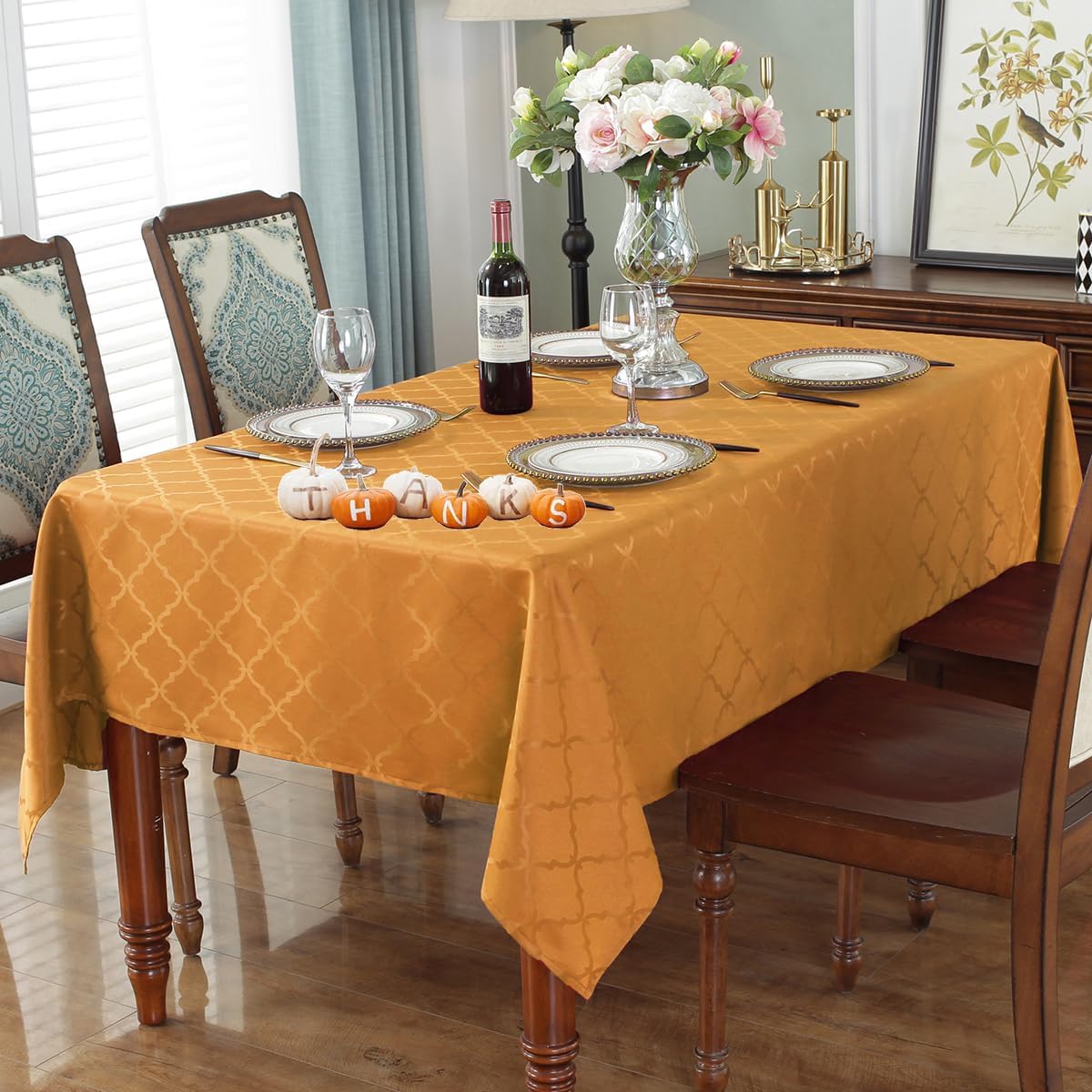 SASTYBALE Fall Tablecloth Floral Jacquard Polyester Table Cloth Spill Proof Wrinkle Resistant Table Cover for Harvest, Thanksgiving Decoration(Square,52"x 52"(4-6 Seats,Amber) A-amber Square, 52" x 52" (2-4 Seats)