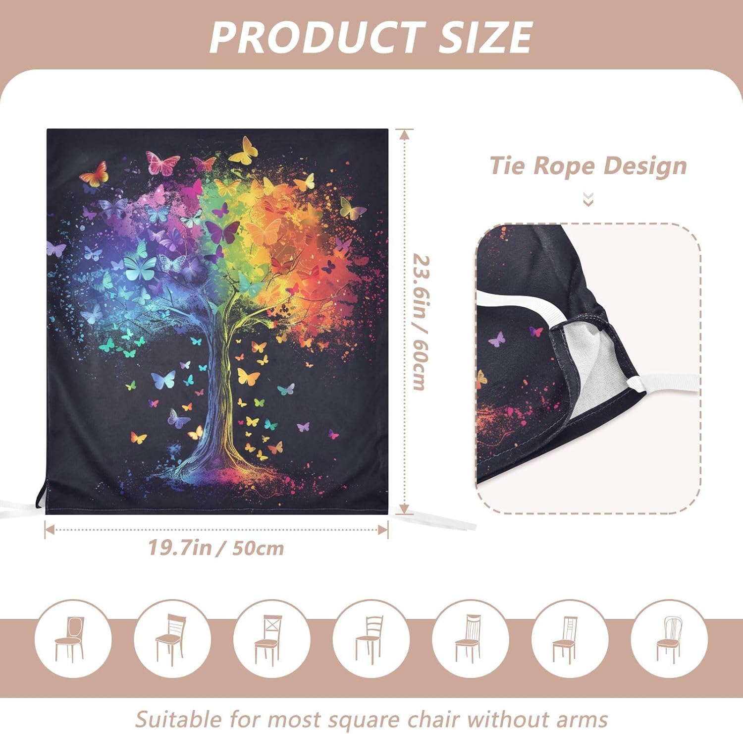 ALAZA Rainbow Color Butterflies and Tree Chair Back Cover Set of 6, Washable Reusable Removable Chair Slipcovers Decorative Chair Cover for Home Kitchen Wedding Party