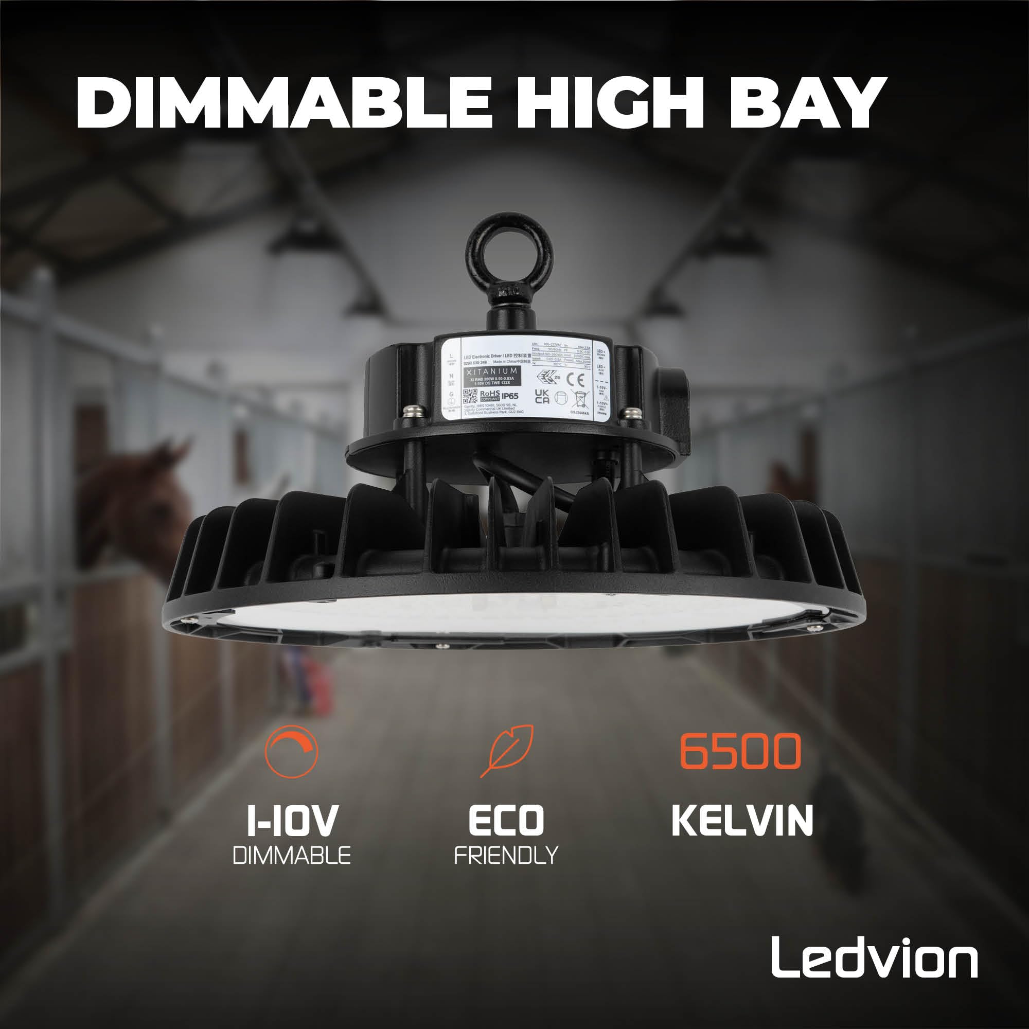 Ledvion - LED Hallenstrahler inkl. Leistungsschalter 120-160-200W, LED werkstatt Deckenleuchte, dimmbar, 175lm/W, 35.000lm, 6500K, IP65, UFO-Hallenstrahler | 175 lm/W, dimmbar in 3 Stufen, IP65, 5 Jahre Garantie