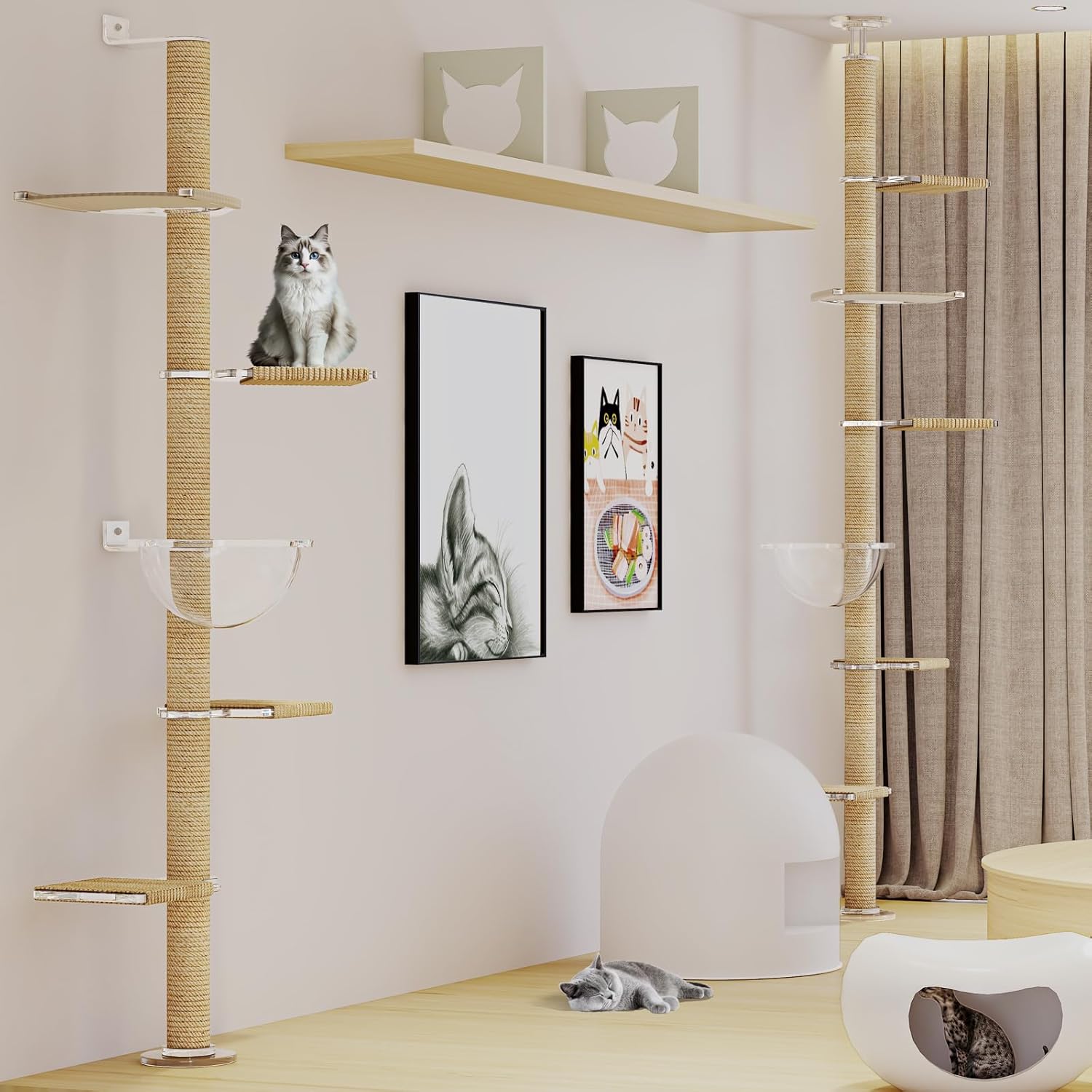 Floor to Ceiling Cat Tree, Acrylic Top Support PlateTall Cat Tower Natural Sisal Rope Scratching Post, Adjustable Height 55-103 Inches, Multi-Platform Activity Center