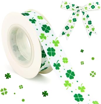 St Patricks Day Ribbon 7/8 Inch 10 Yards White Green Ribbon for Flower Bouquet St Patricks Ribbons Shamrock Clover Ribbons St Pattys Day Grosgrain Saint Patricks Fabric for Gift Wrapping Crafts DIY