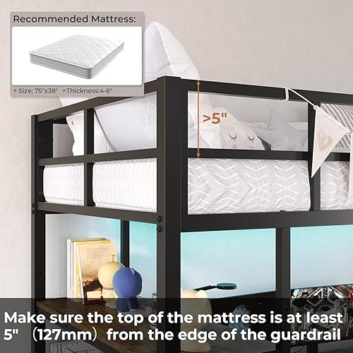 Miniatura 8 de DICTAC Cama tipo loft de metal individual con escritorio en forma de L, luces LED, estación de carga, marco de cama LED, tamaño individual con 3