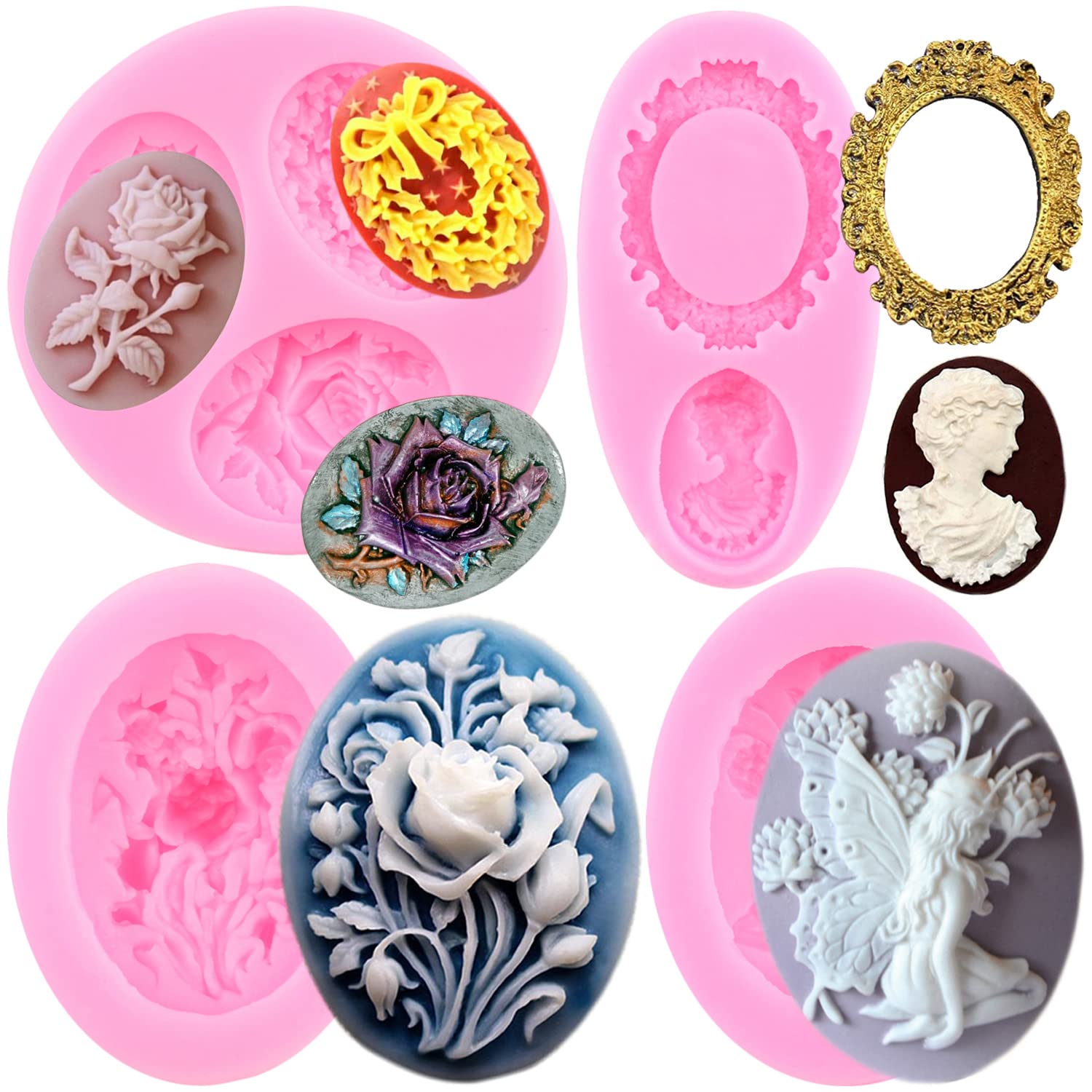 Zixiang Juego de 4 moldes de silicona para decoración de pasteles, chocolate, caramelos, arcilla polimérica, diseño de hada y rosas
