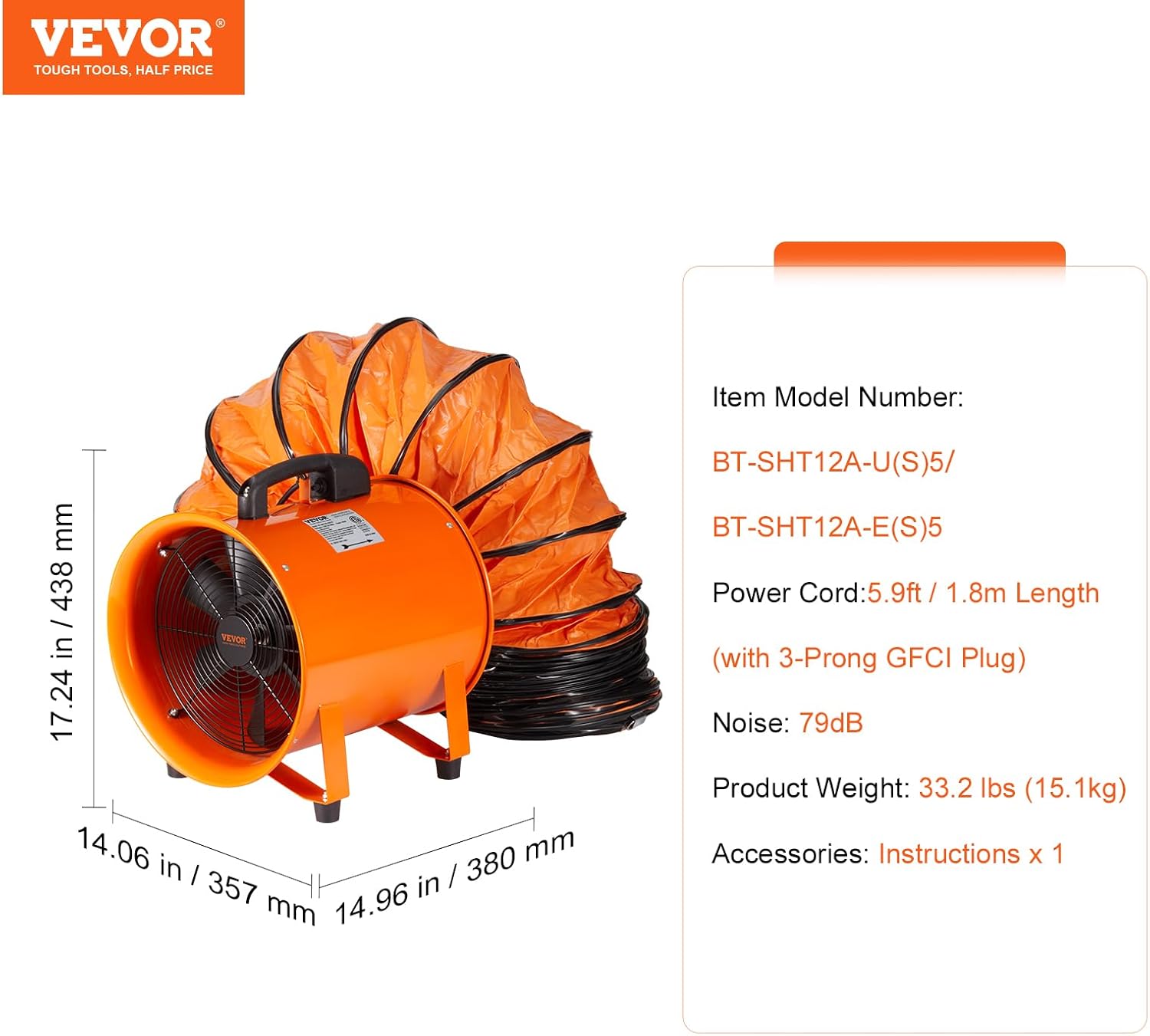 VEVOR fan dimensions and specifications summary