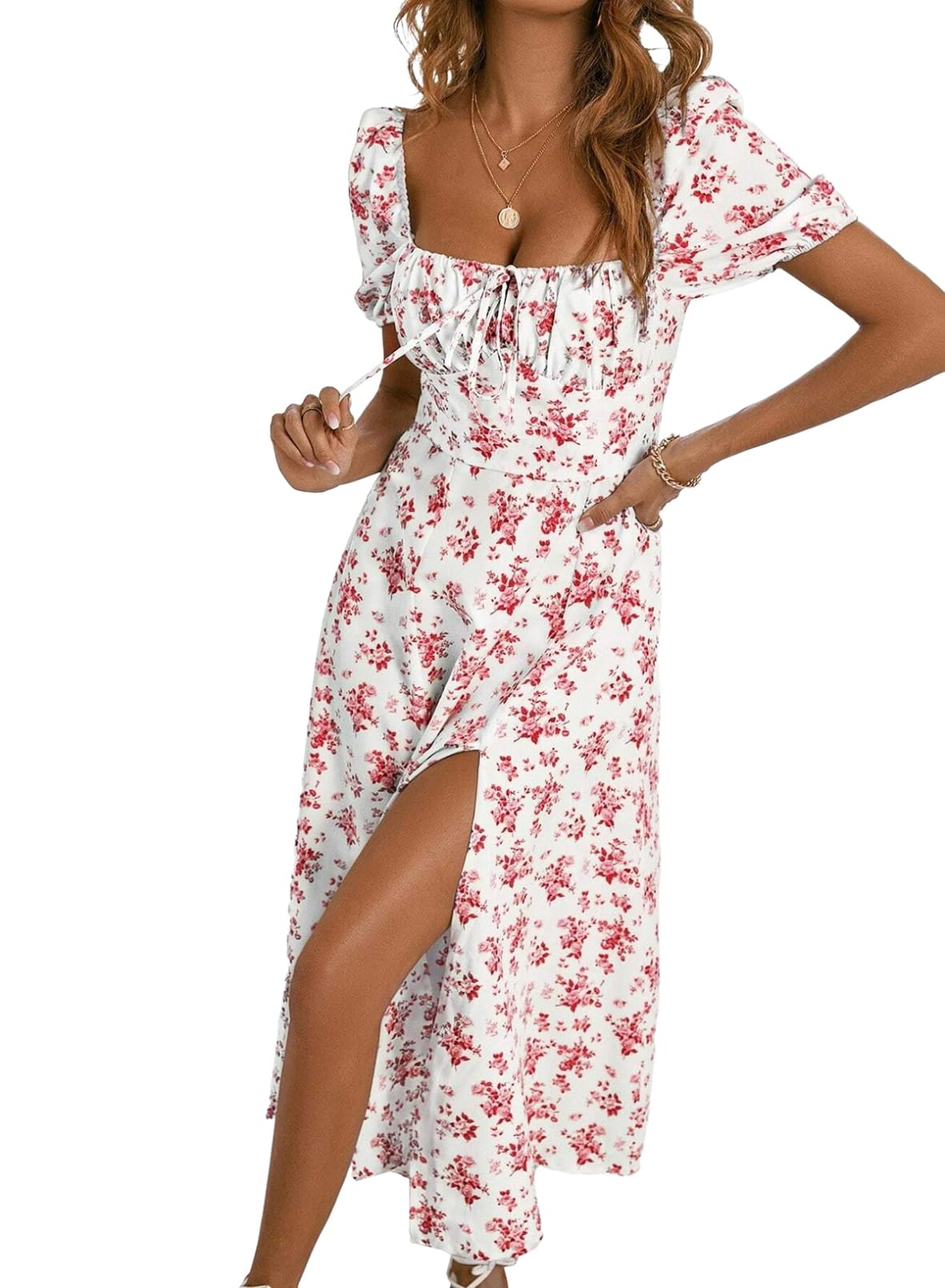 BLENCOTWomens Casual Summer Square Neck Short Sleeve Split Thigh Dress Boho Floral Print Tie Front Midi Dresses