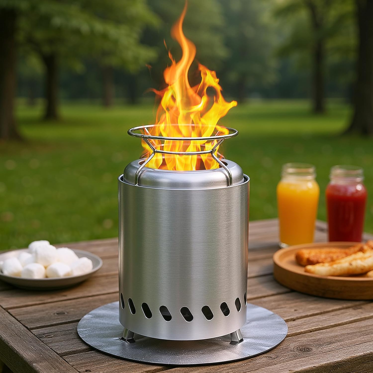SMOOL 14cm Rauchfreier Tischfeuerkorb aus Edelstahl, Tragbarer Camping Feuerkorb für Outdoor &amp; Terrasse, Inkl. Tragetasche, 2 Stöcken und Feuerfestmatte, Für Pellets &amp; Holz (5,5 Zoll)