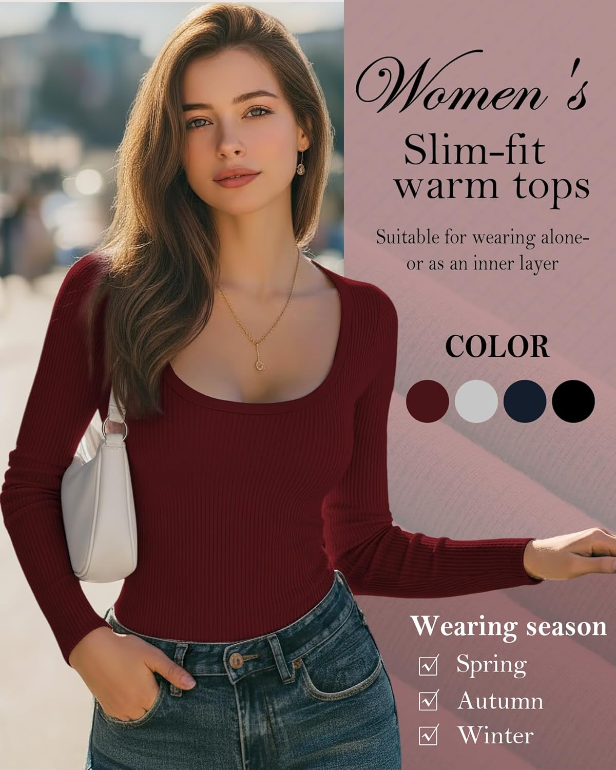 4 Pack Women's Long Sleeve Shirts Scoop Neck Ribbed Knit Tops Casual Slim Fitted Cotton Tees Fall Basic T Shirts - Image 4