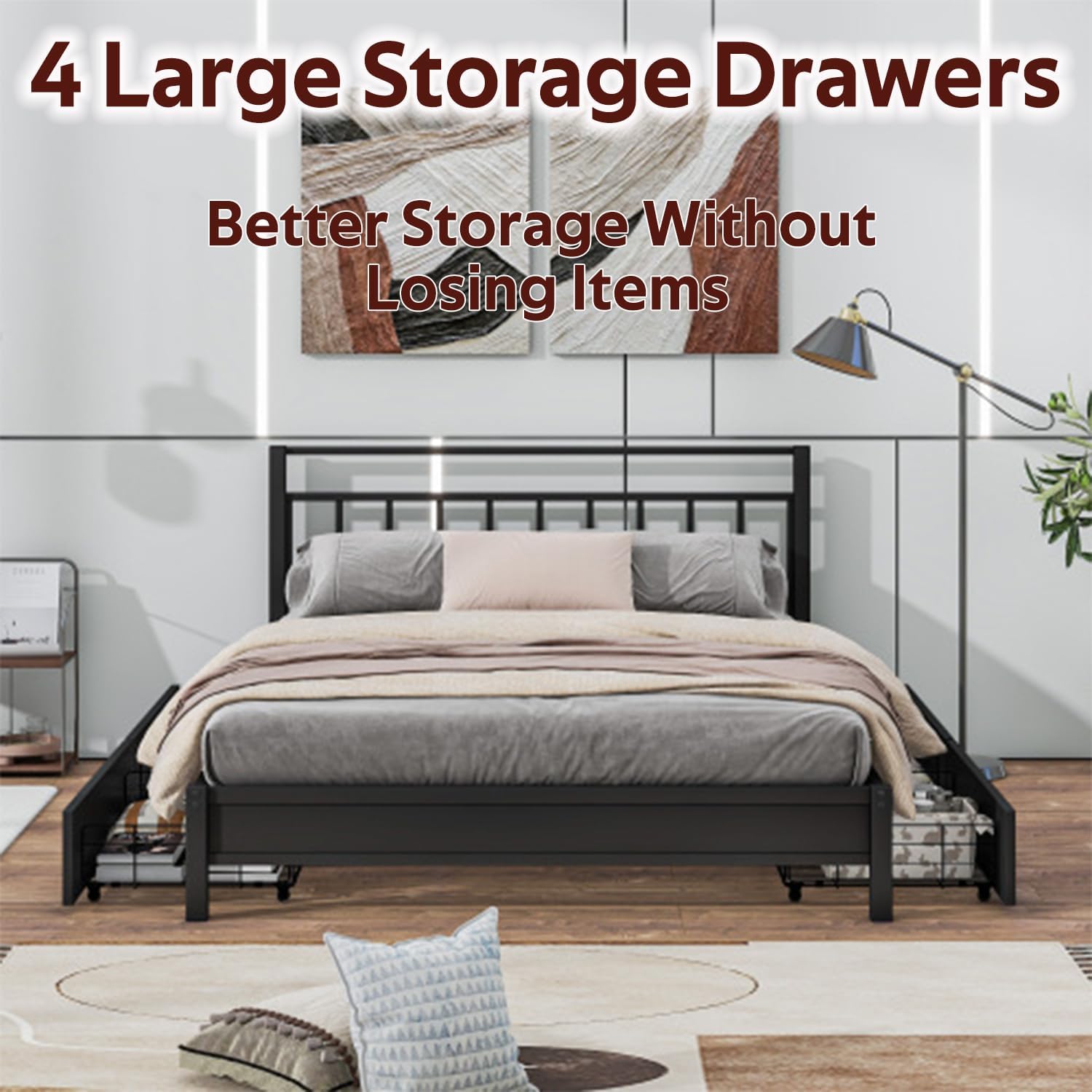 Generic Queen/King Size Storage Platform Bed with 4 Drawers, Strong Slats, Noise-Free, No Box Spring Needed/Easy Assembly Black (King), Dark Grey