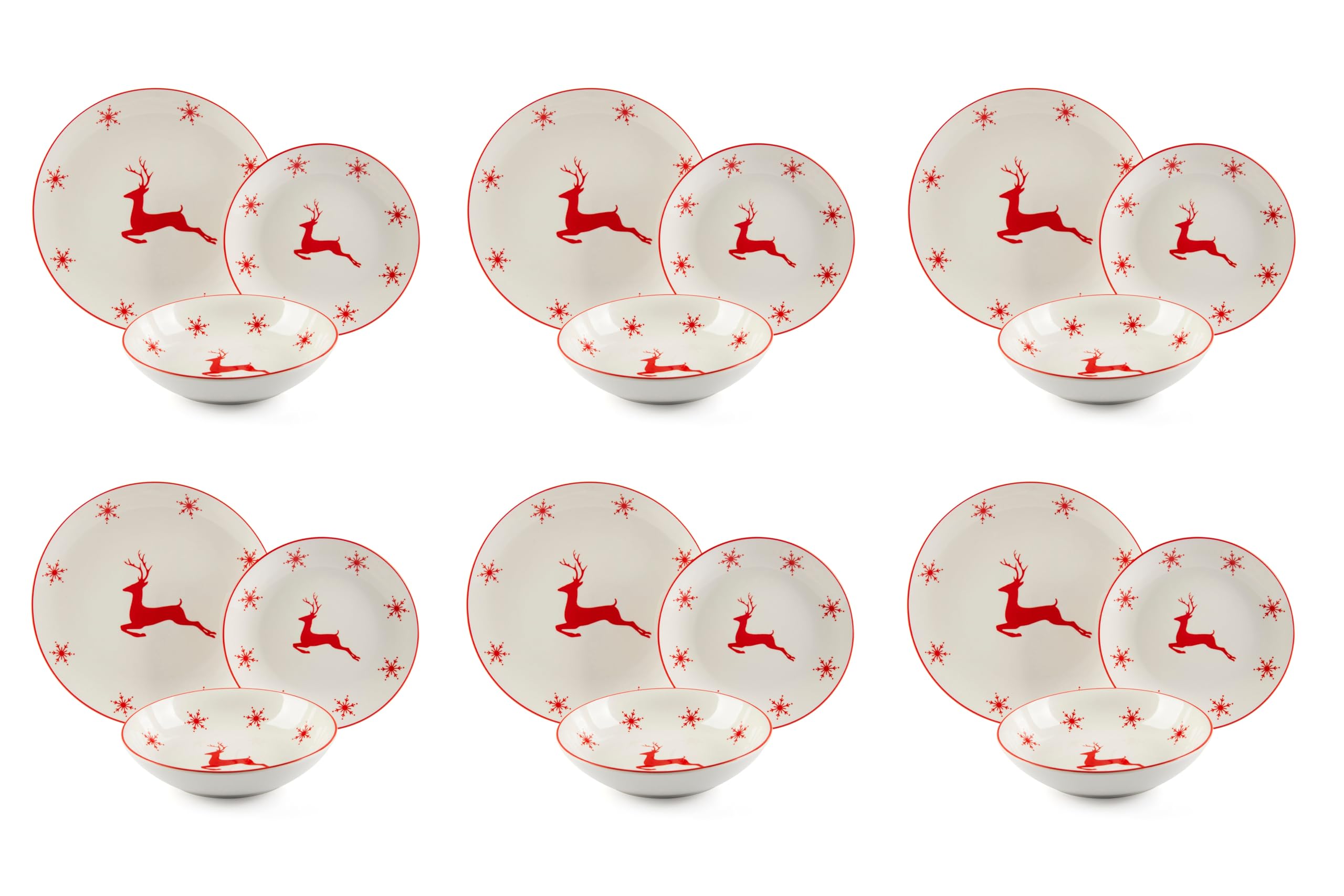 Excelsa Nordic Christmas - Juego de platos de porcelana con motivos navideños, 18 piezas, renos y copos de nieve rojos, apto para lavavajillas