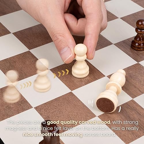 Miniatura 5 de Juego de ajedrez de madera de 15 pulgadas, tablero de ajedrez magnético para adultos y niños, juego de ajedrez de viaje plegable con 2 piezas extra