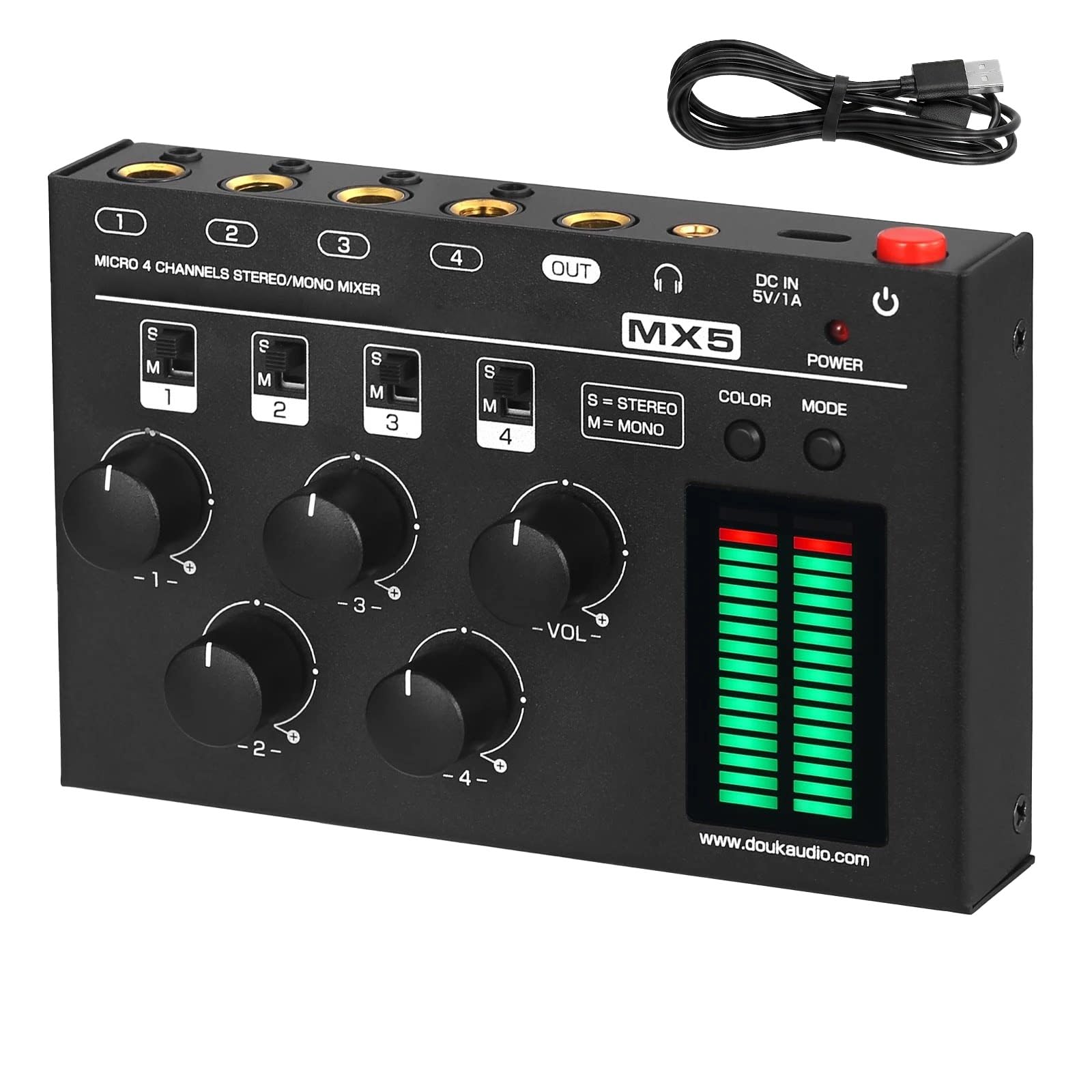 4-kanałowy mikser audio mono/stereo, wskaźnik poziomu LED | Mikser liniowy o ultraniskim poziomie szumów, regulowany kolor i wzmocnienie, wizualizator muzyczny RGB, do streamingu