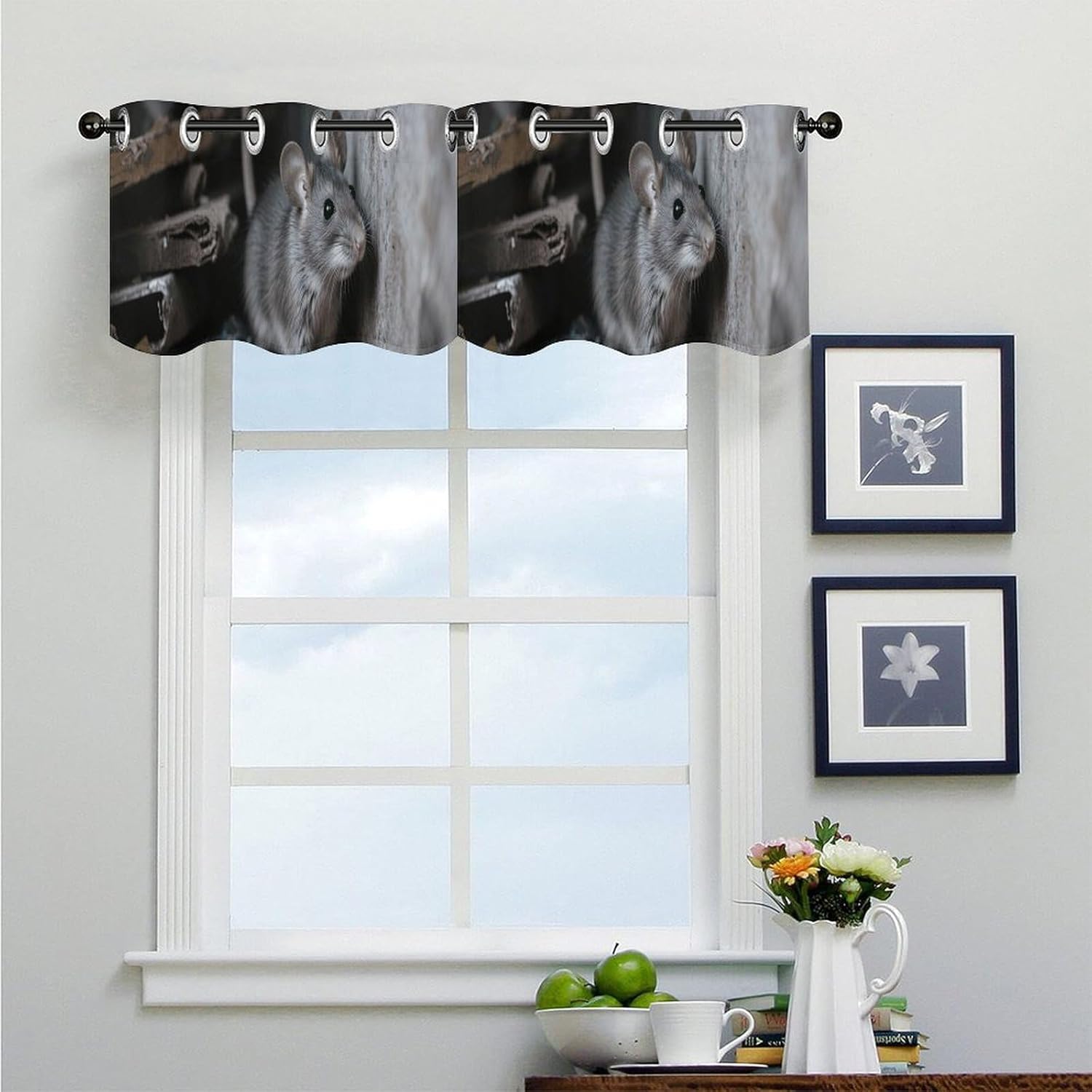 Mouse Hiding in The Corner Valance for Windows, 2 Pack Kitchen Curtains Modern Home Decor, Soft Blackout Window Curtains for Living Room & Bedroom, 18 X 52 Inch