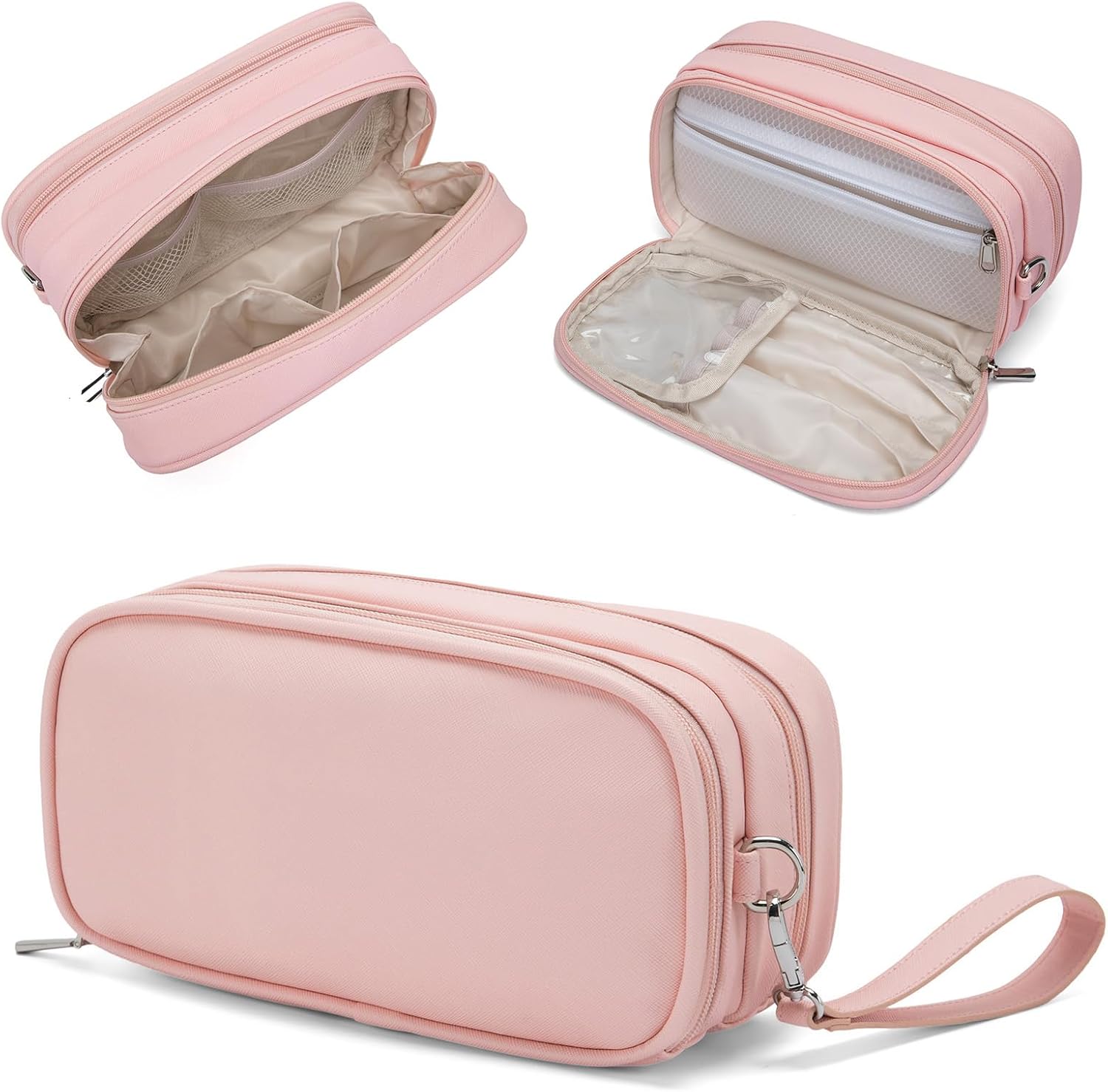 Makeup Bag for Women, Wide-open Makeup Organizer with Makeup Brush Holder, Waterproof Cosmetic Bag with Compartment, Portable Travel-Size Toiletry Bag for Traveling, Large Make Up Bag (Pink)