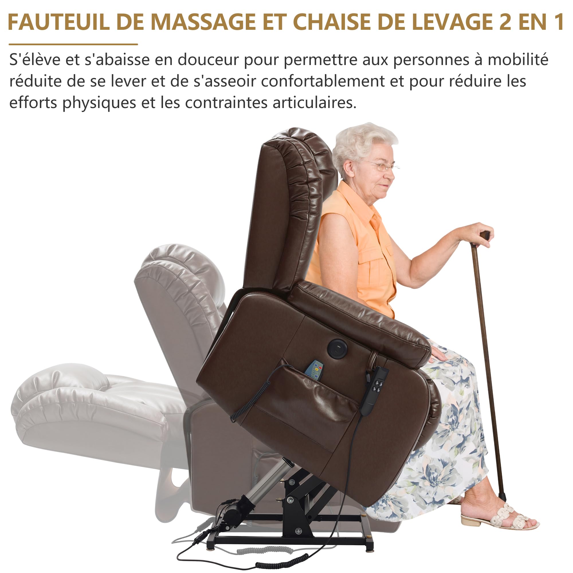 DUANDUAN Fauteuil releveur inclinable à Position allongée Infinie pour Adultes, Fauteuil électrique à Double Moteur pour Personnes âgées avec Massage et Chauffage (Brown)