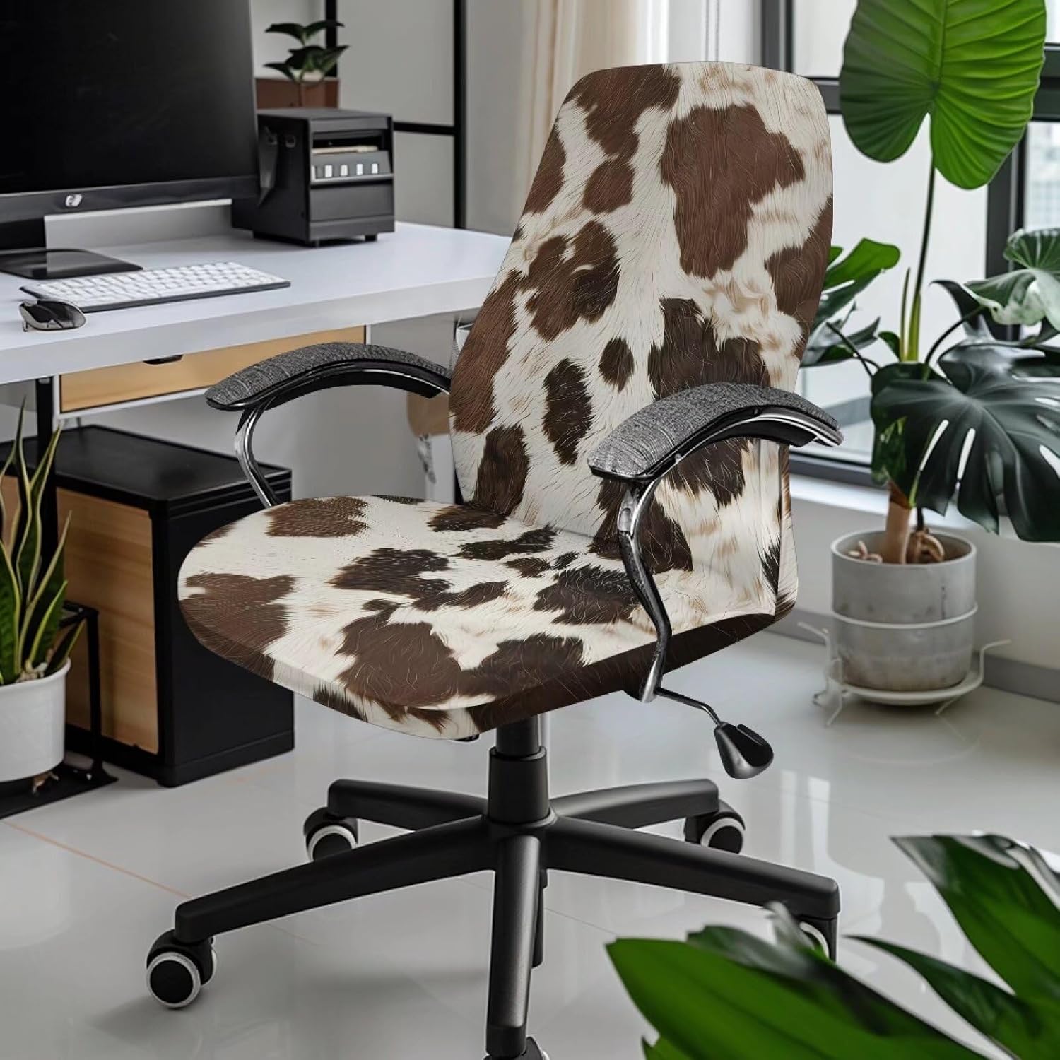 Xoenoiee Brown Cowskin Print Computer Office Chair Covers Stretchable Soft Fit Universal Desk Rotating Slipcovers, Removable Washable Chair Protector Cover with Button, Large
