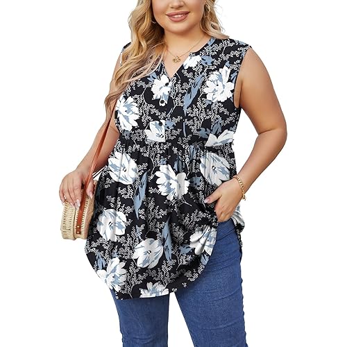 SHIJIALI Women's Plus Size Henley Shirts Casual V Neck Tank Tops Flowy Summer Sleeveless Pleated Tunic