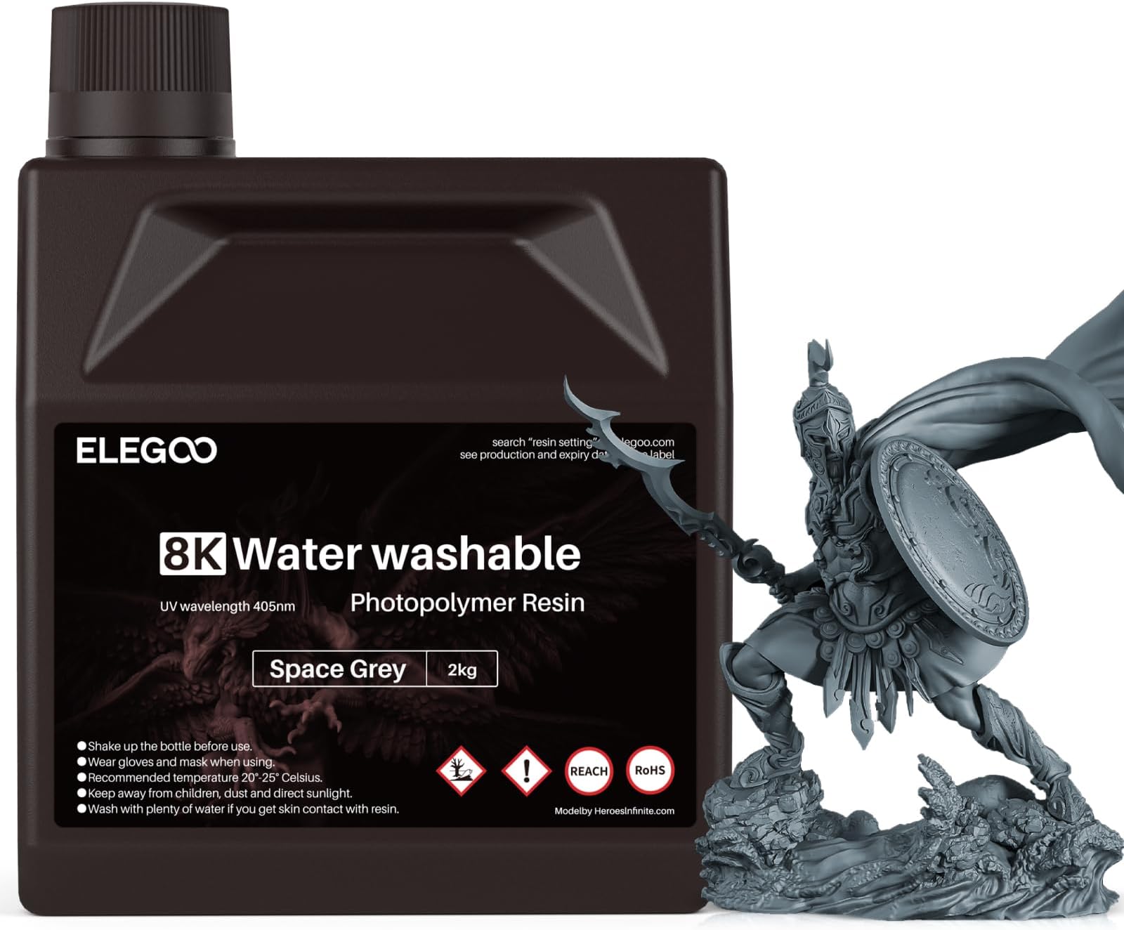 ELEGOO 8K Water Washable Resin 8K Space Grey 2000G | Higher Precision 3D Printer Resin, 405nm Rapid UV Curing Photopolymer Resin for LCD/MSLA/DLP 3D Printing