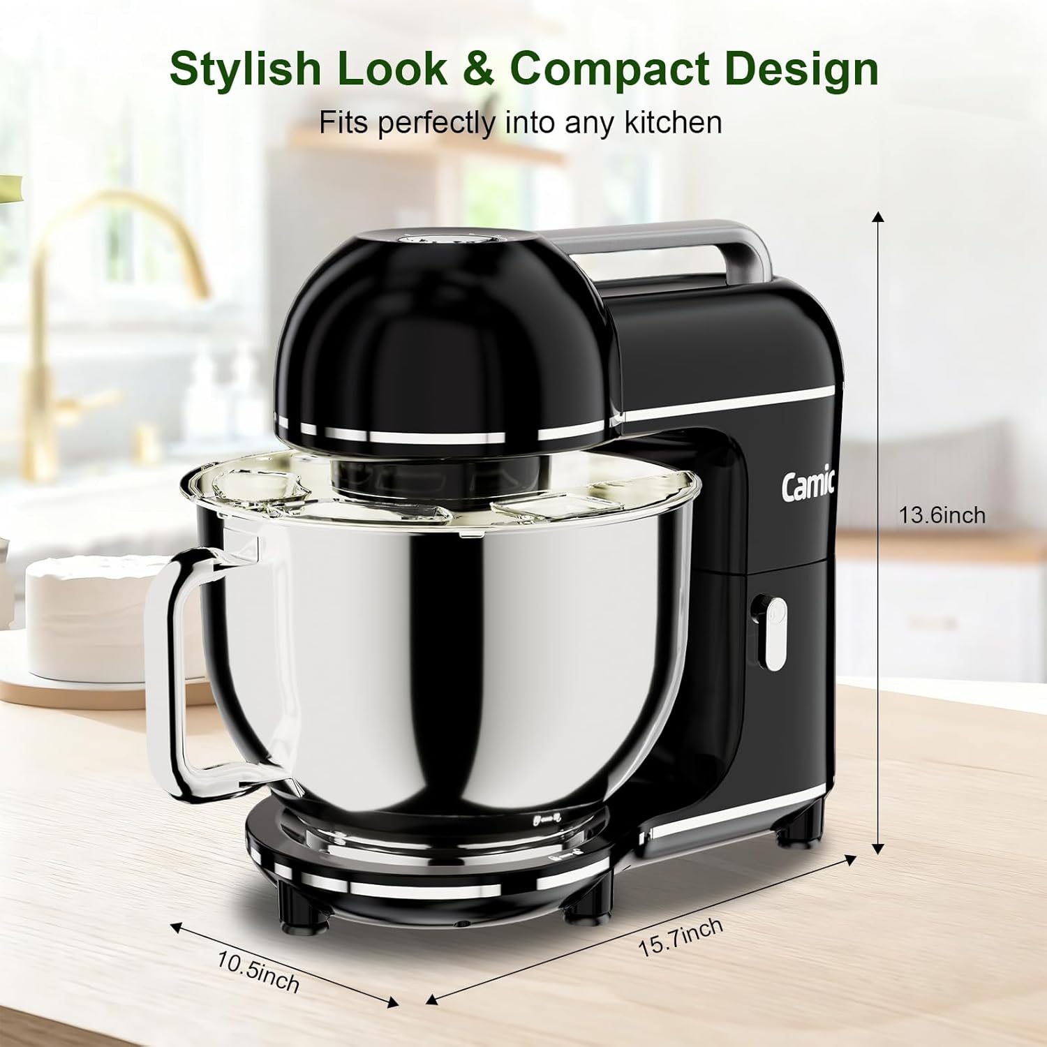 Camic Electric Stand Mixer,7.45 QT,10 Speeds with Dough Hook,Whisk, Flat Beater Attachments, Splash Guard, Easy-Carry Top Handle,3-IN-1 Kitchen Mixer for Baking Cakes Cookie Bread Salad (Black)