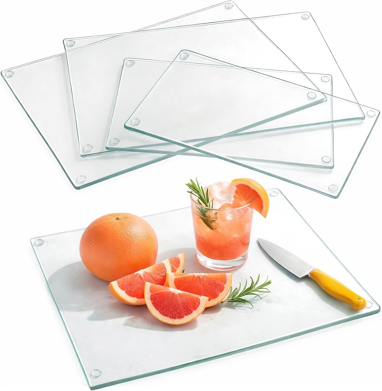 Hacaroa 4 Pack Tempered Glass Cutting Board with Rubber Feet, Rectangle Non-slip Chopping Board, Long Lasting Clear Glass Tray for Kitchen Countertop, Table, Shatter-Resistant, Heat-Resistant, 2 Size
