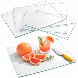 Hacaroa 4 Pack Tempered Glass Cutting Board with Rubber Feet, Rectangle Non-slip Chopping Board, Long Lasting Clear Glass Tray for Kitchen Countertop, Table, Shatter-Resistant, Heat-Resistant, 2 Size