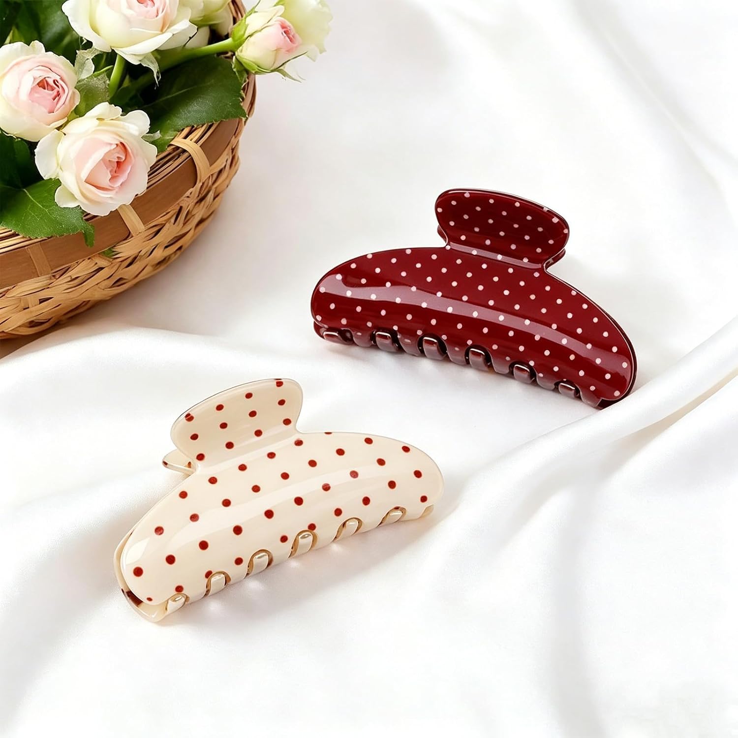 2 Pack Polka Dot Hair Claw Clips Plastic Strong Hold French Elegant Y2K Vintage Style For Thick Fine Flat Hair For Updo Half Up Hairstyles Parties Holiday Gifts （Wine Red And Beige ）