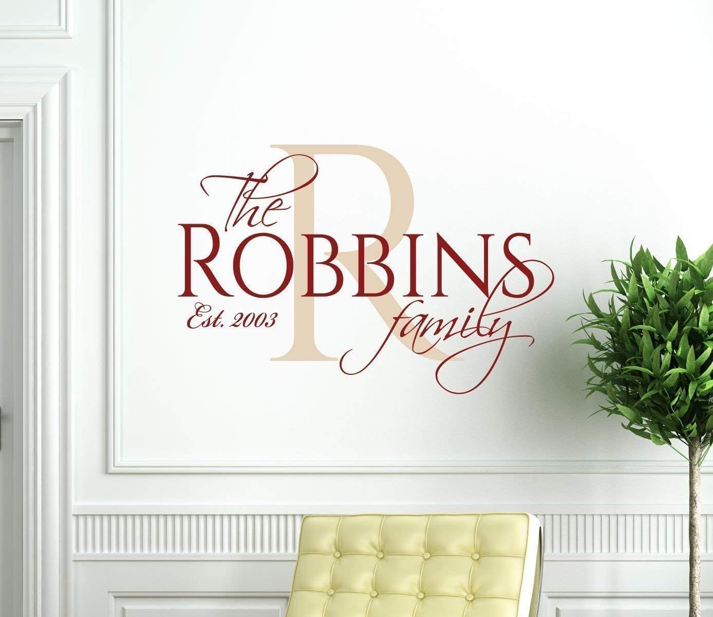 Custom Family Name Wall Decal - Personalized Vinyl Home Decor for Wedding or Housewarming Gift - Living Room Decoration - Elegant Wall Art with Marriage Established Year | Black, Gold, 25 Colors