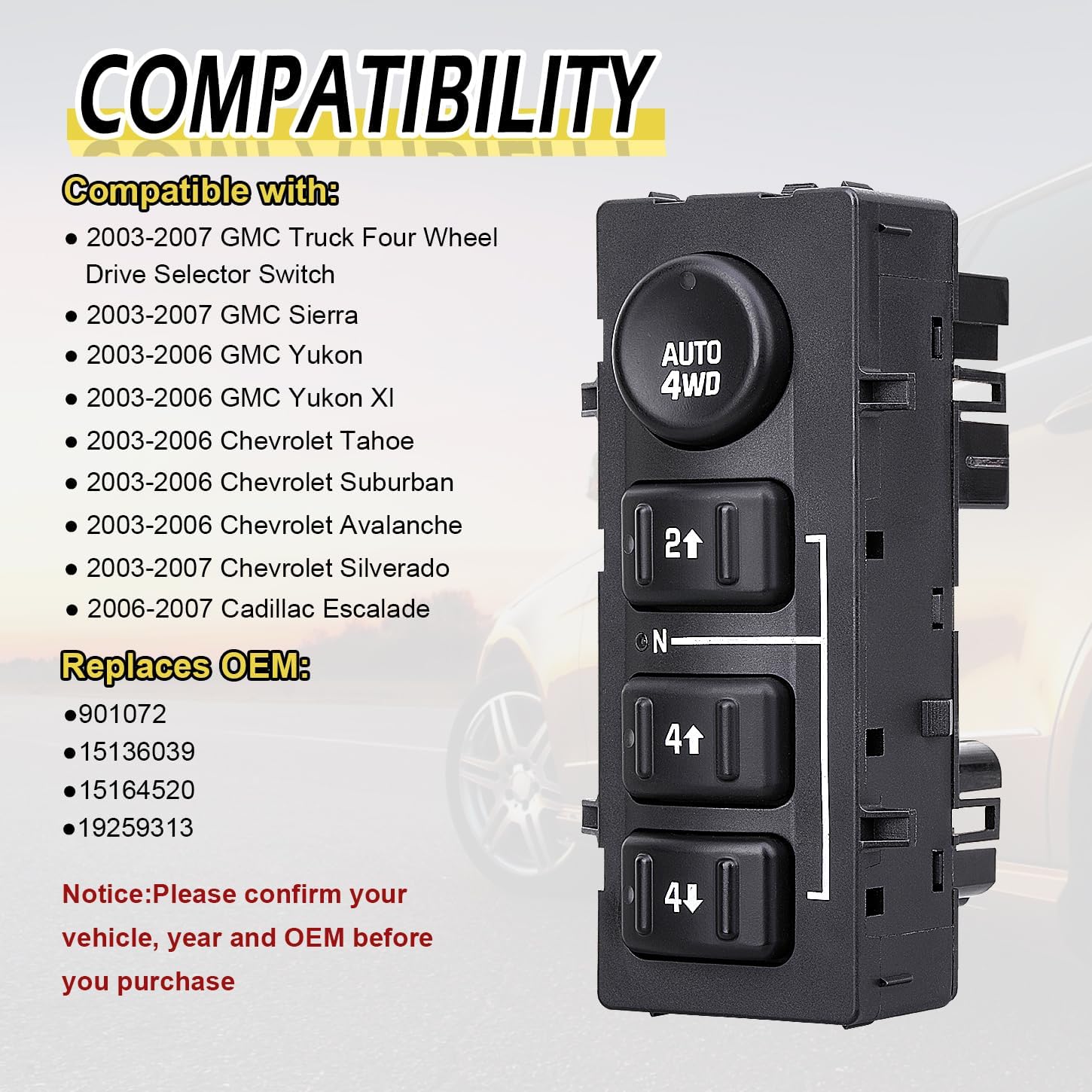 Vurkcy 4WD Wheel Drive Button, 4x4 Transfer Case Switch, Compatible with 2003-2007 Chevrolet Silverado, Chevy Suburban, Tahoe, Avalanche, GMC Yukon, Sierra, Replaces OE 15164520, 15136039