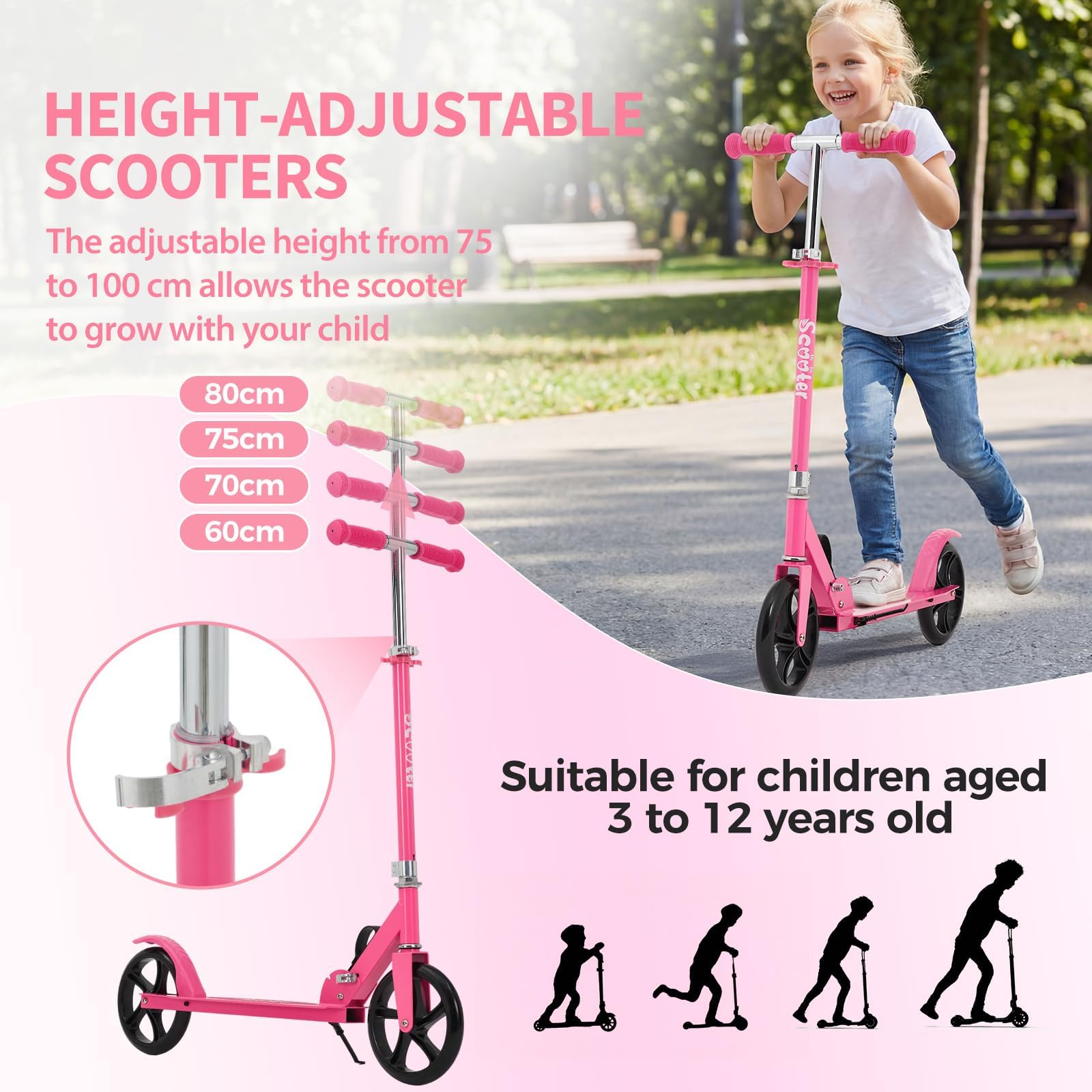 Trottinette pour Les 6 Ans Et Plus, Trottinette Pliable Et Légère avec Grandes Roues De 20 cm pour Enfants, Adolescents Et Adultes, 3 Niveaux Réglables - 2