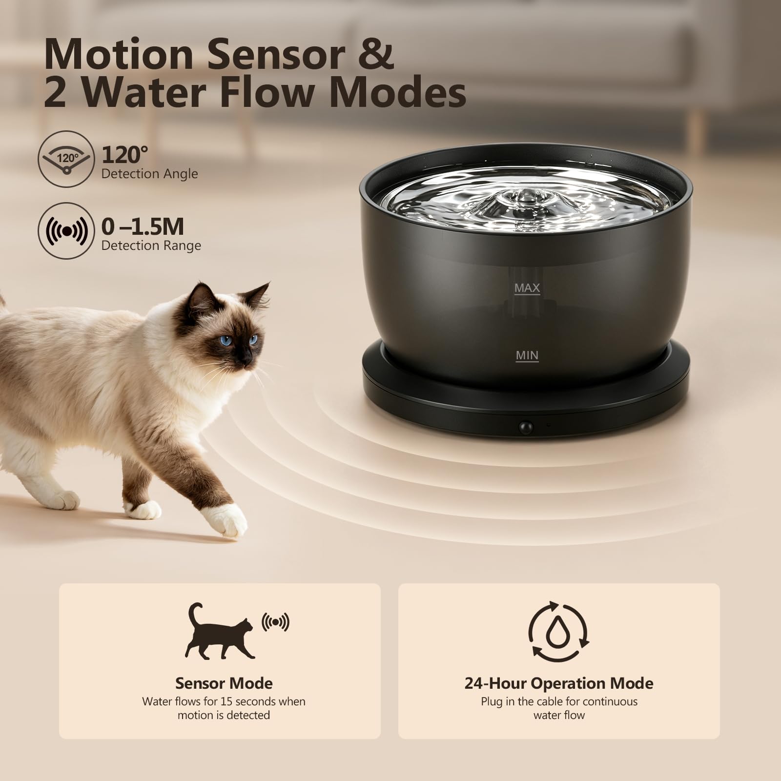 Fontana per gatti senza fili con sensore di movimento, a batteria, 4000 mAh, 20 dB, ultra silenziosa, facile da pulire, senza BPA