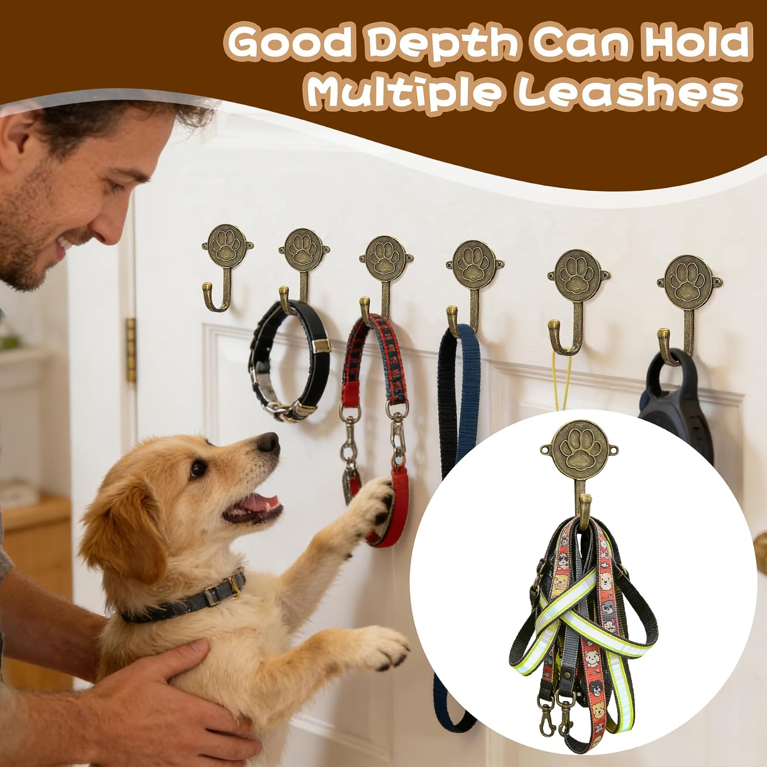 6PC Dog Paw Hooks Wall Mount Pet Leash Hook Cat Leash Holder for Wall Cute Coat Hooks Key Holder for Entryway Hallway Kitchen Office, Great Gift for Dog and Cat Lovers(Antique Brass)