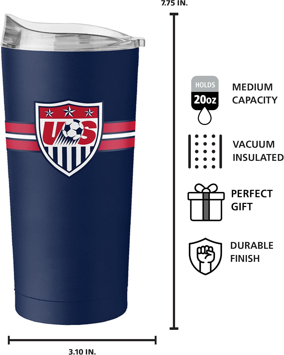 Logo Brands USA Men's National Soccer Vintage 20 oz Stainless Steel Tumbler – Powder-Coated Double-Wall Insulated Travel Cup with Slider Lid – Keeps Drinks Hot or Cold for Hours