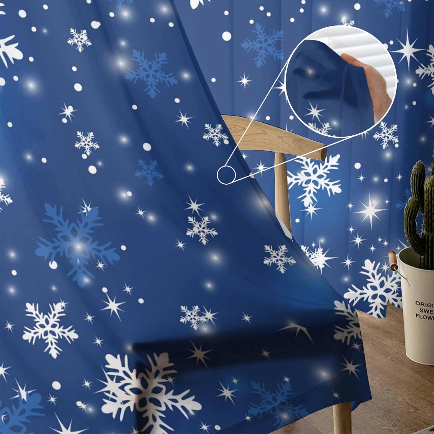 Navy Blue Christmas Sheer Curtains 84 Inch Length 2 Panels Set, Winter Snowflake Xmas Semi Sheer Curtain for Living Room, Shiny Blue Christmas Voile Window Curtains Sheers Drapes for Bedroom