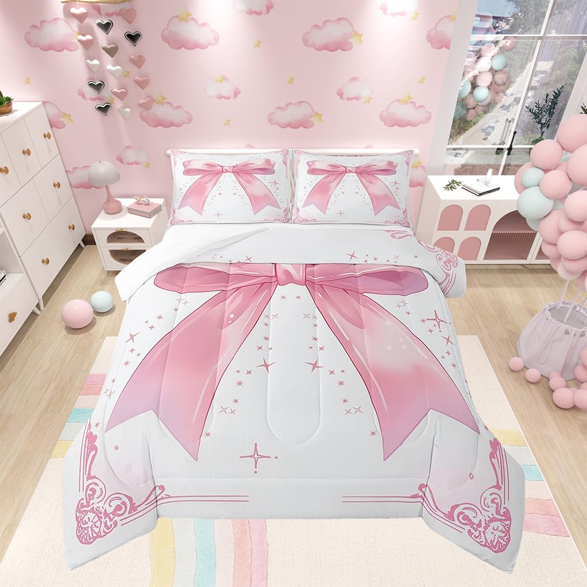 Manfei Pink Bow Comforter Set Full Size, Watercolor Bowknot Bedding Set for Kids Girls Princess Room Decor, Pink and White Down Comforter, Soft