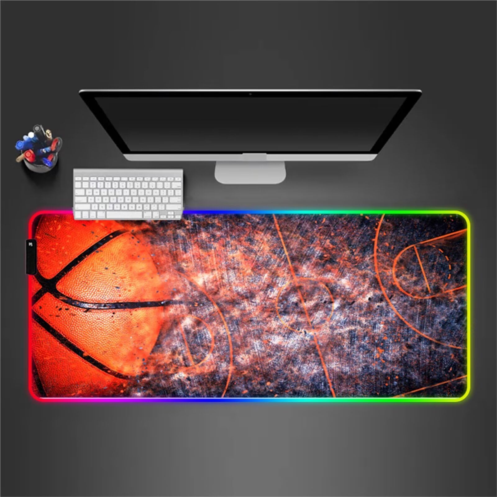 Tappetino per Mouse RGB XXL Grande Tappetino per Mouse da Gioco LED Pallacanestro 900x400x4mm con 14 Modalità di Illuminazione e Base in Gomma Antiscivolo per Giochi Lavoro e Studio