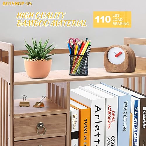 Miniatura 6 de Gdrasuya10 Estantería de escritorio de bambú para encimera de madera, organizador de escritorio de oficina, soporte para libros con 3 cajones,