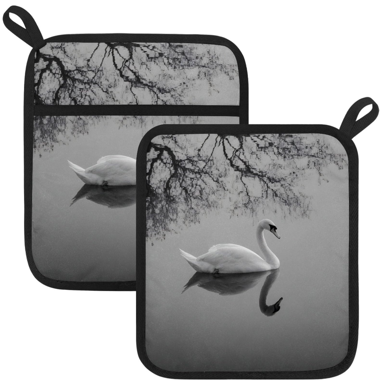 VAPOKF Swan Tree Heat Resistant Pot Holders, Thick Pot Holders Pad with Hanging Loop for Kitchen, Oven Cloth Pads for Kitchen Baking Microwave Oven