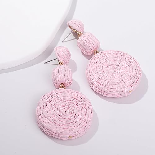 Miniatura 7 de Statement Raffia - Aretes redondos de bola colgantes de rafia, bonitos aretes bohemios hechos a mano para el verano para mujer