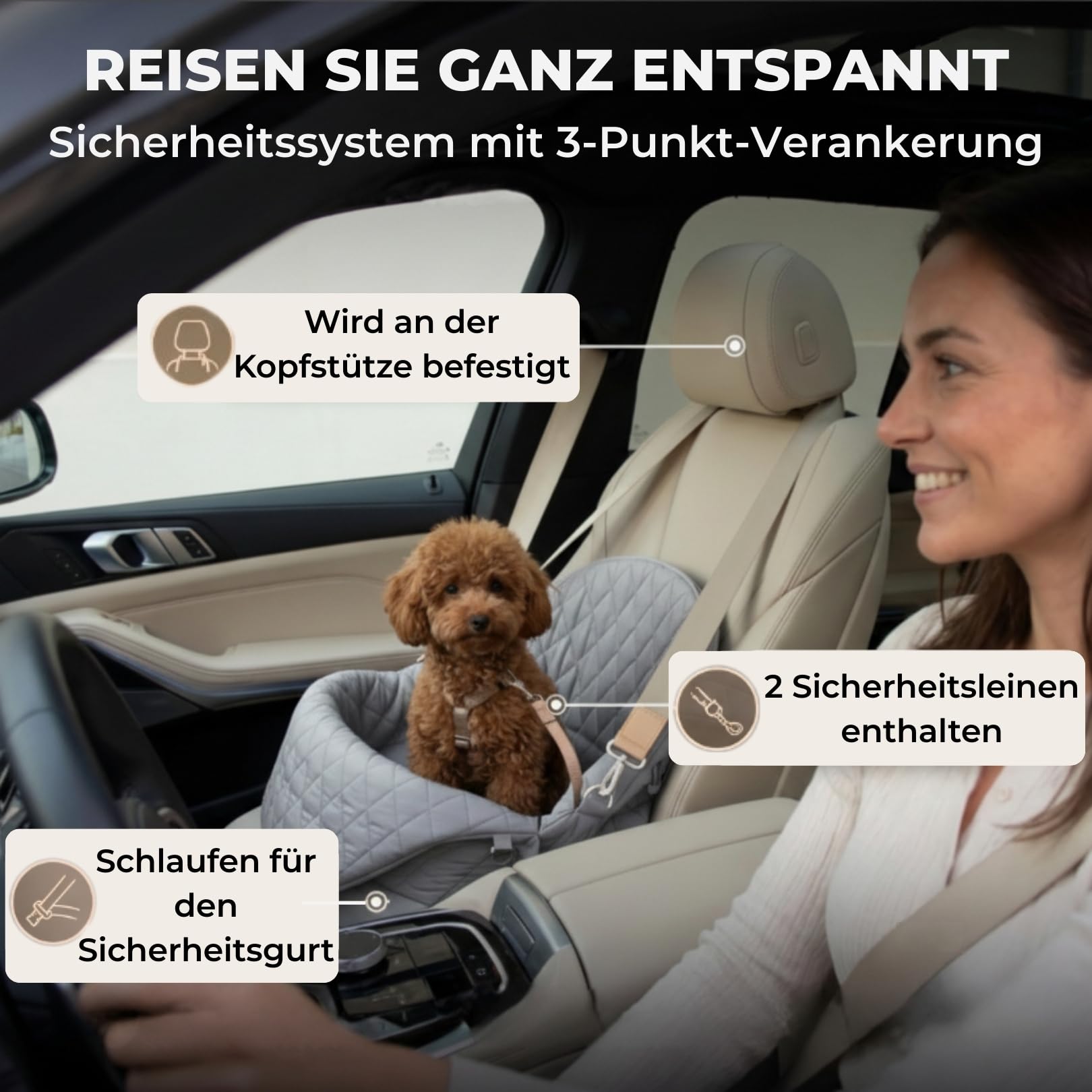 Hundetransporttasche fürs Auto Hundesitz | Tragetasche kleine Hunde bis 3kg | Komfortable Tragetasche mit Polster, Schultergurt und Sicherheitsleine.
