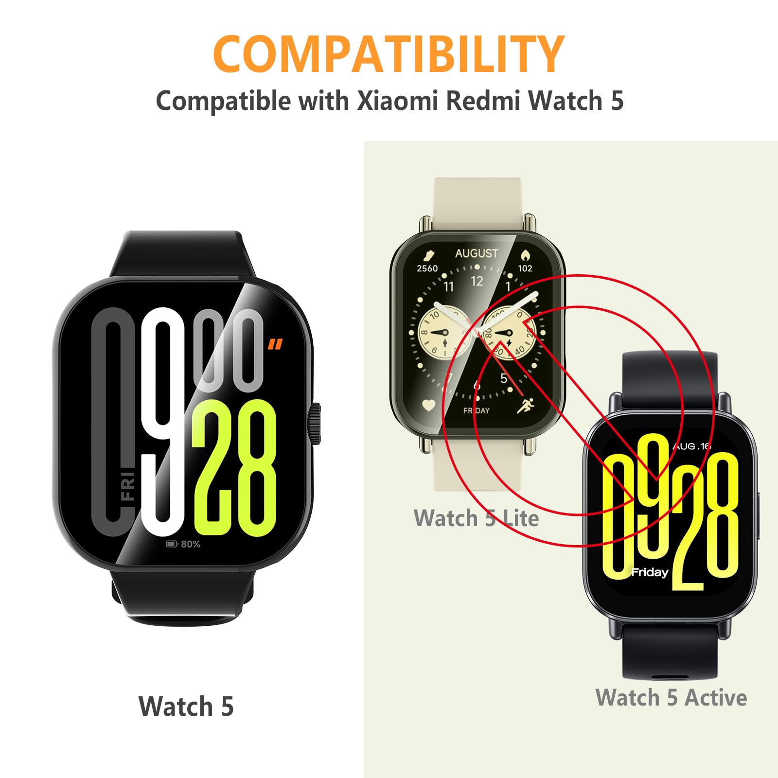 Hianjoo 5 sztuk etui ze szkła hartowanego kompatybilne z Xiaomi Redmi Watch 5 【NIE dla 5 Active / 5 Lite】, folia ochronna na ekran oraz etui PC kompatybilne z Xiaomi Redmi Watch 5