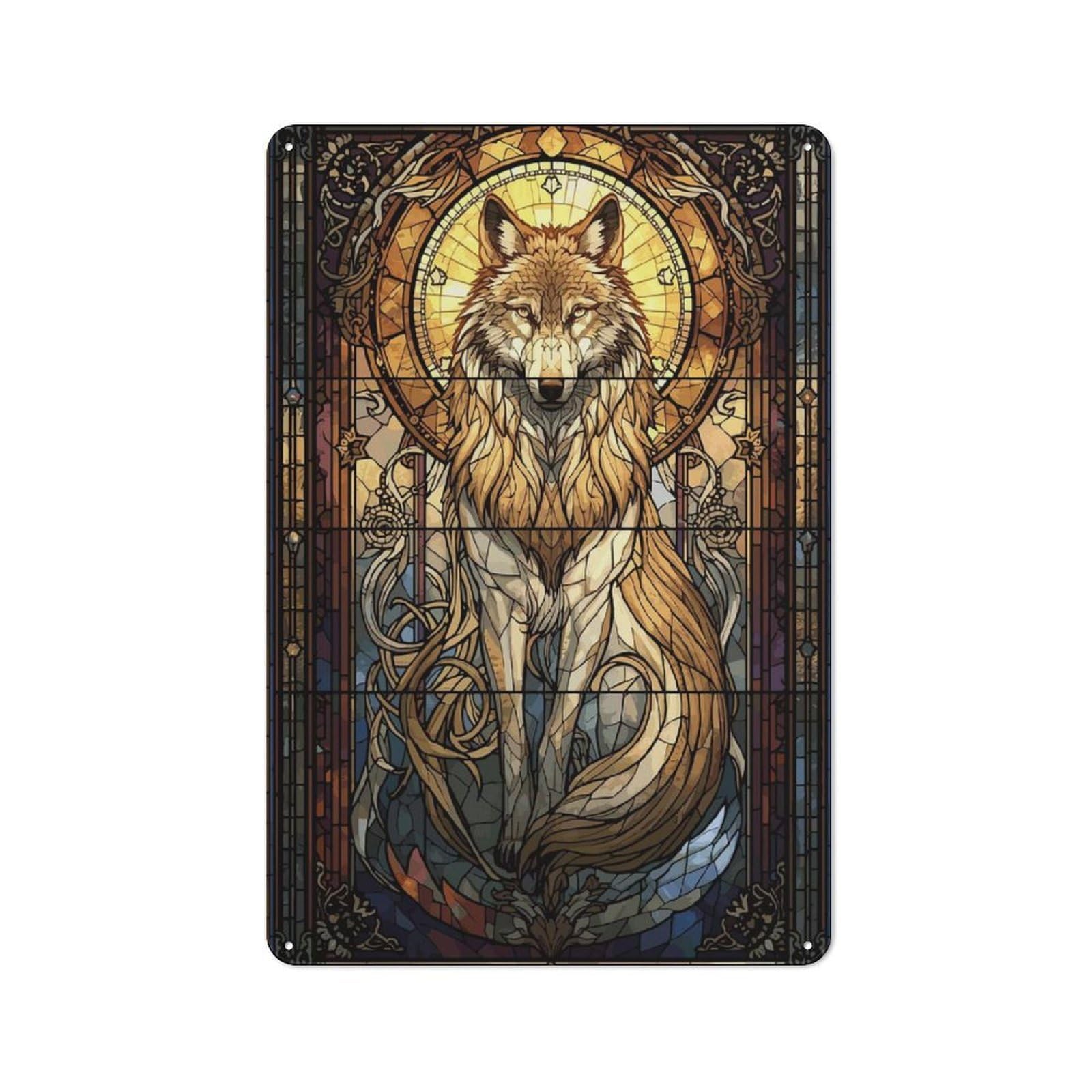 Junmoney Style-8 Stained Glass Wolf Printed Metal Sign 30X20cm For Man Cave Or Games Room, Suited To Games Room Collectors