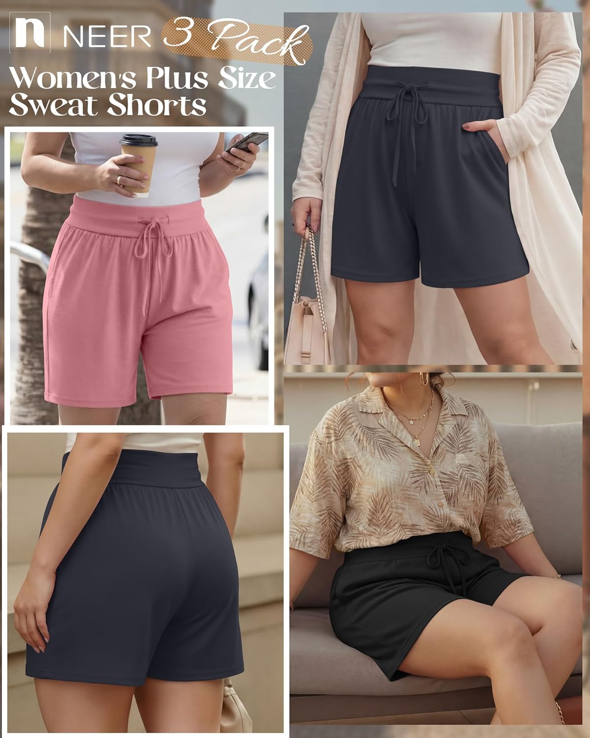 Neer 3 Pack Women's Plus Size Sweat Shorts, Drawstring Lounge Shorts Casual Summer Lightweight Soft Shorts with Pockets - Image 2