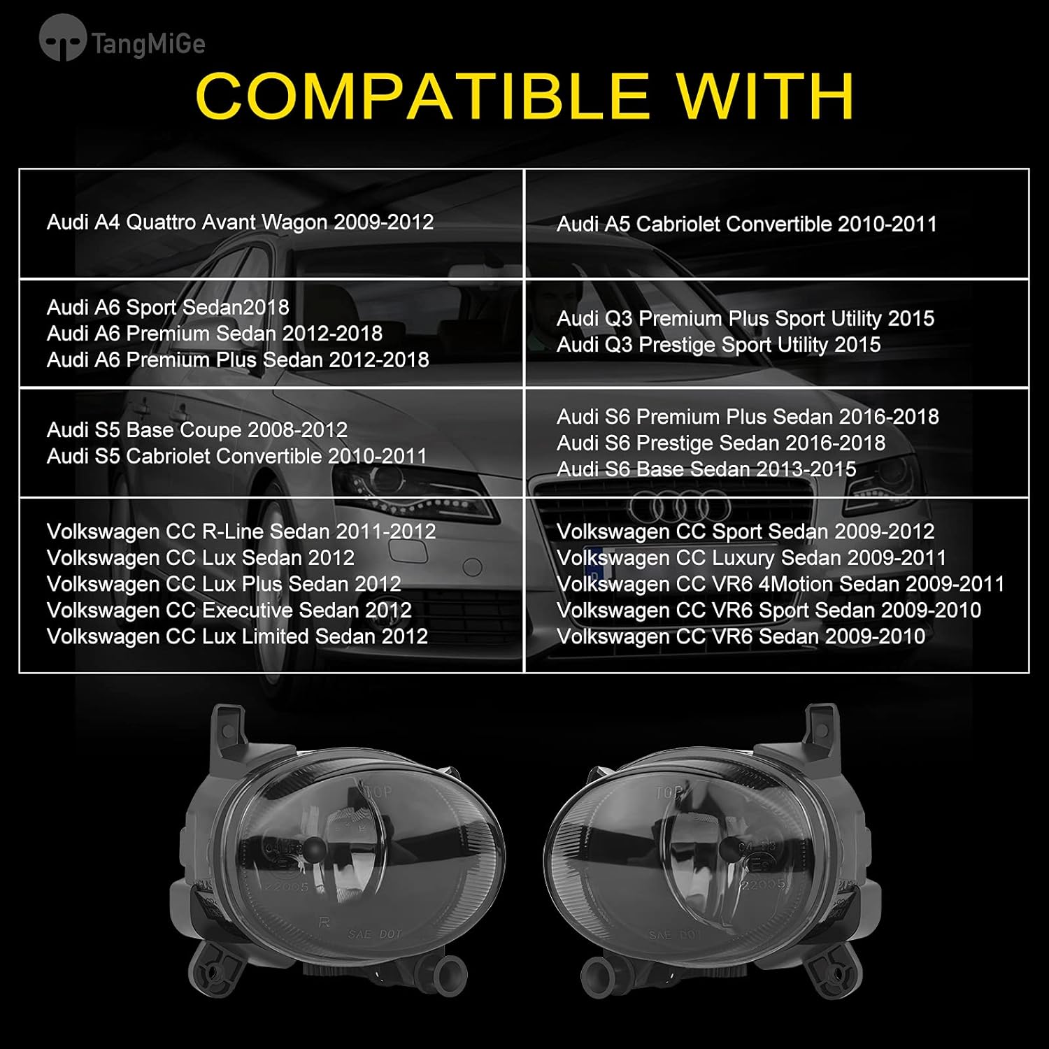 TangMiGe Fog Lights Compatible with Audi A4 A5 A6 Q3 S5 S6 Allroad (Quattro Avant Wagon Cabriolet Convertible Sport Sedan Premium Plus Prestige Sport Utility Coupe), Volkswagen VW CC, 2008-2018, Smoke