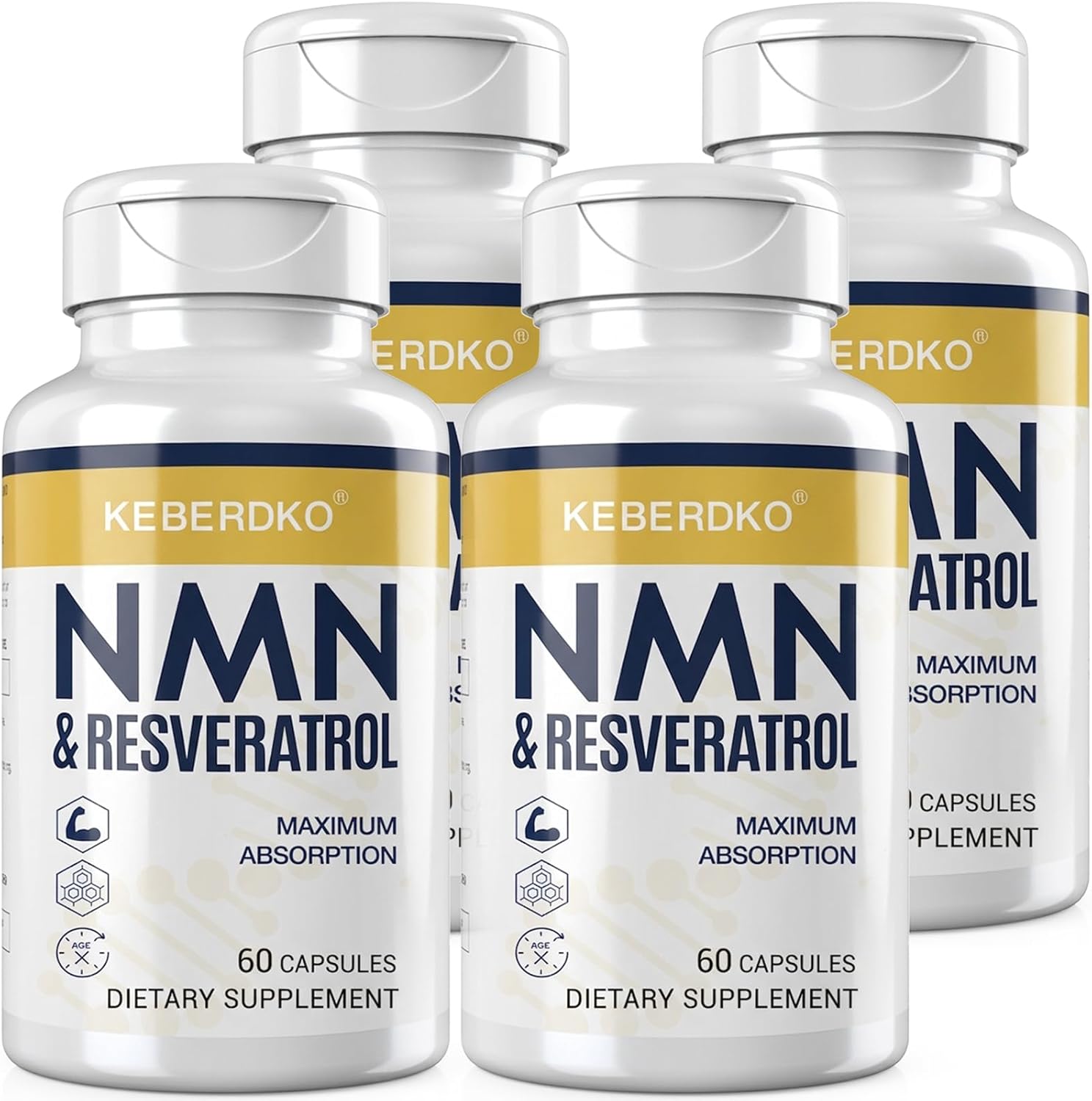NMN + Trans-Resveratrol 99% Purity+ Black Pepper for NAD, Cell, Energy, Skin, Anti-Aging & Longevity, 4 Pack